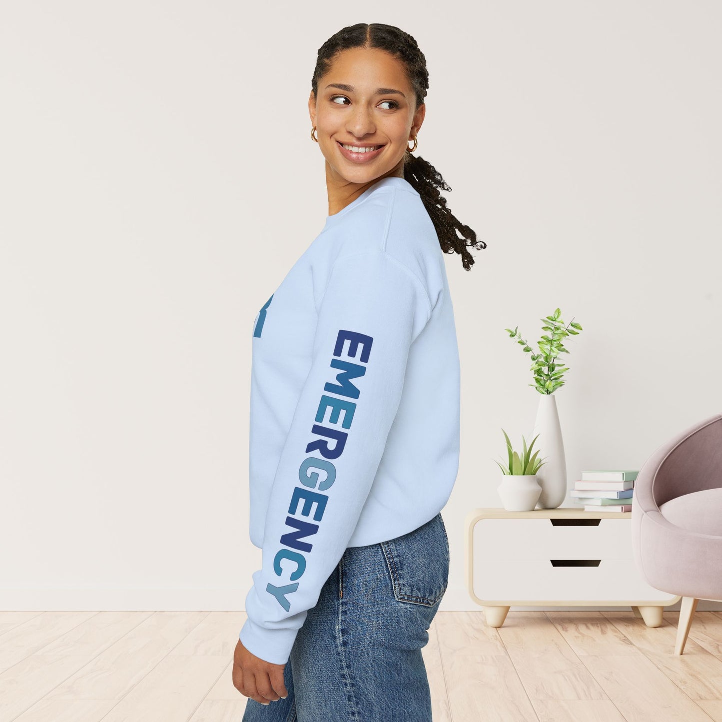 Trendy Blue ER Sweatshirt with Sleeve Print - Emergency Room Crewneck