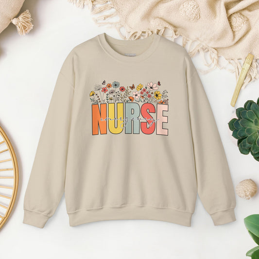 ER Nurse Sweatshirt with Spring Flowers for Emergency Room Nurse