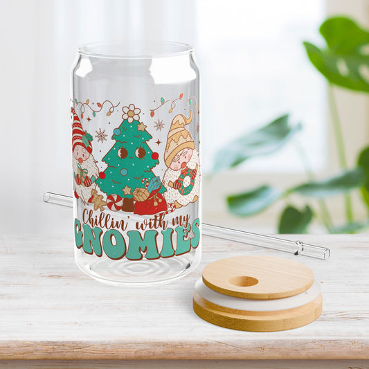 Chillin' With My Gnomies Retro Christmas Sipper Glass - Best Christmas Gift