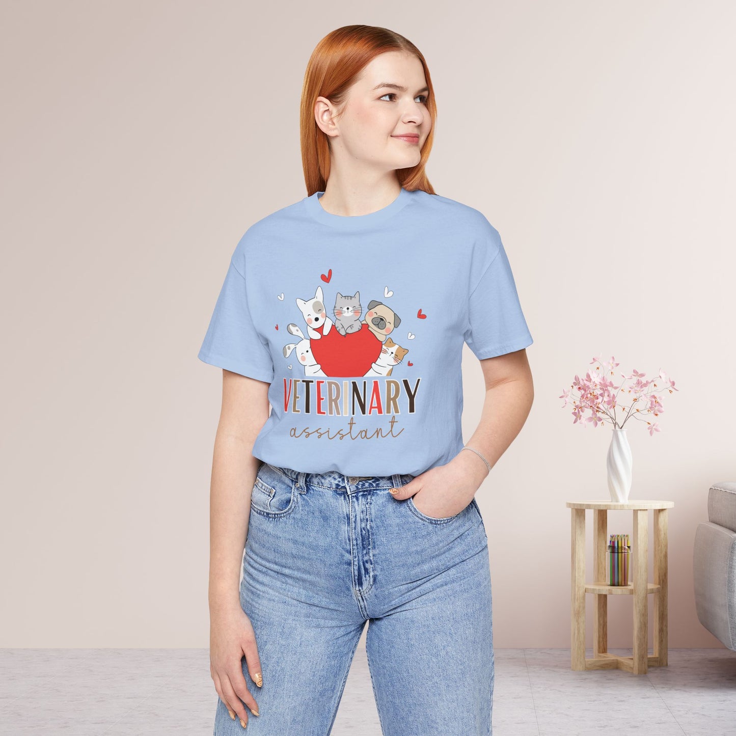 Veterinary Assistant Soft Cotton Tee with Cute Dogs and Cats for VET Assistant