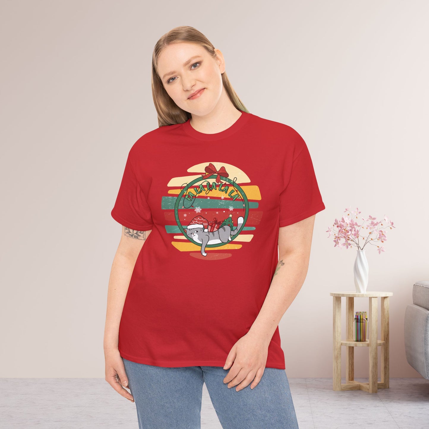 Fa La La La La Funny Cat Christmas Heavy Cotton Tee - Cat Lovers Christmas Gift