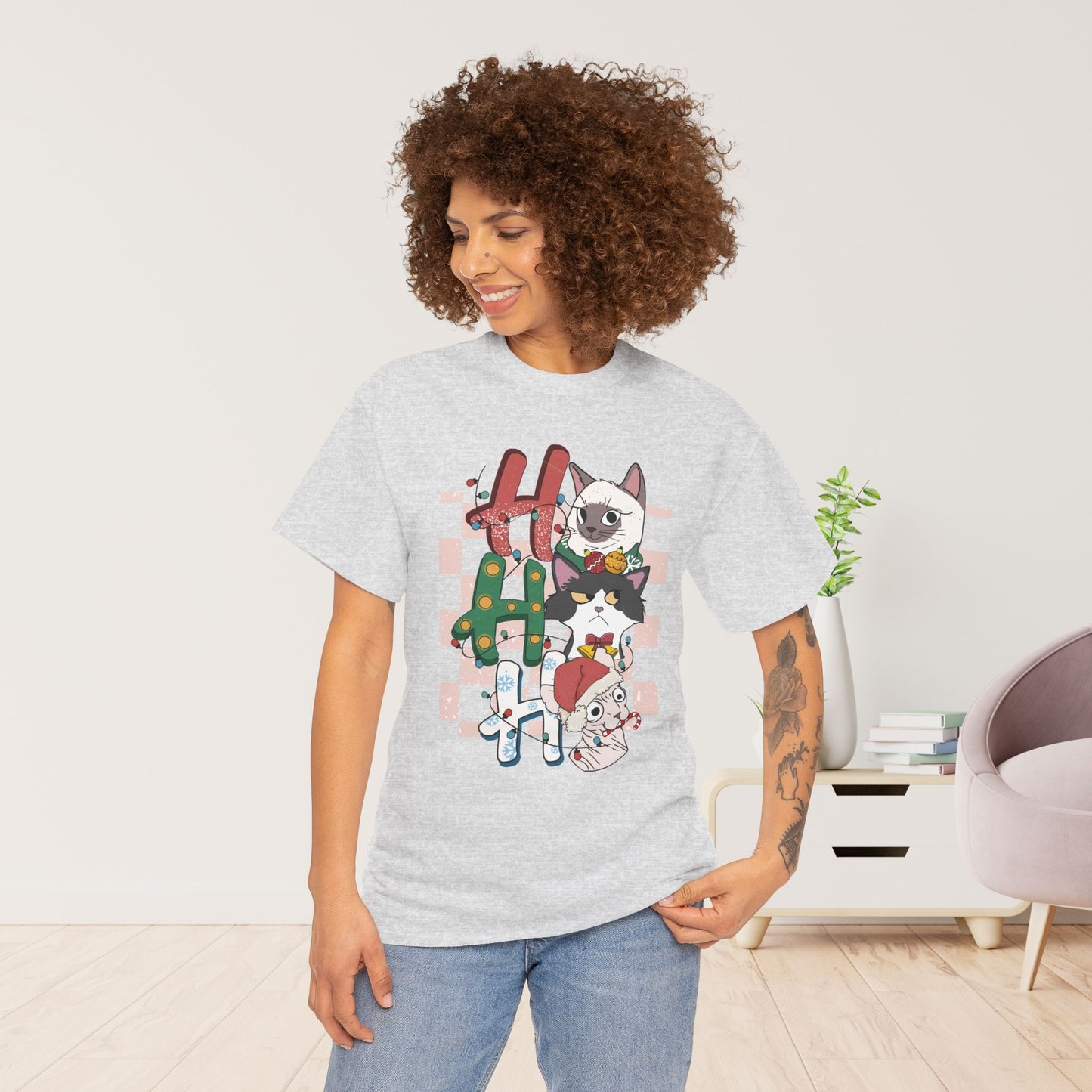 Ho Ho Ho Funny Cat Christmas Heavy Cotton Tee - Cat Lovers Christmas Gift