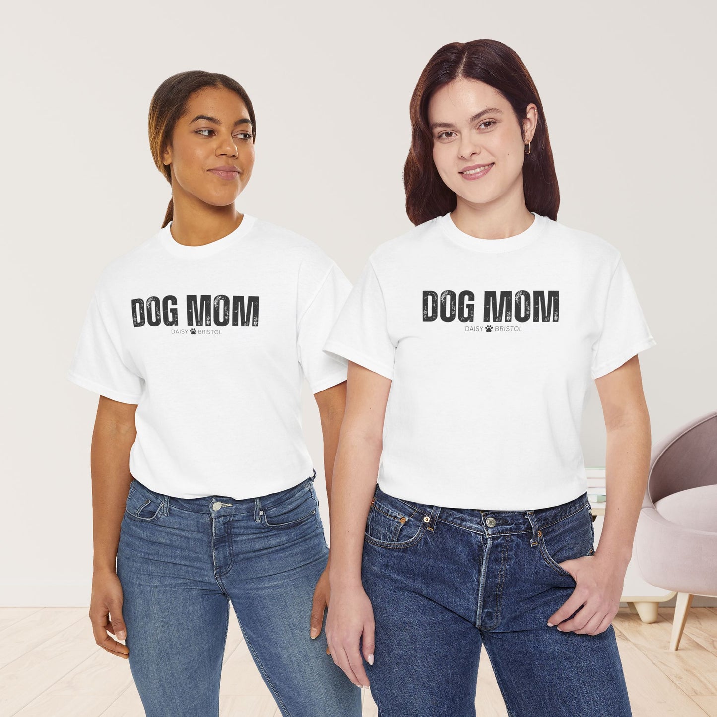 Custom Dog Mom Heavy Cotton Tee with Dogs Name - Personalized Dog Lover Gift