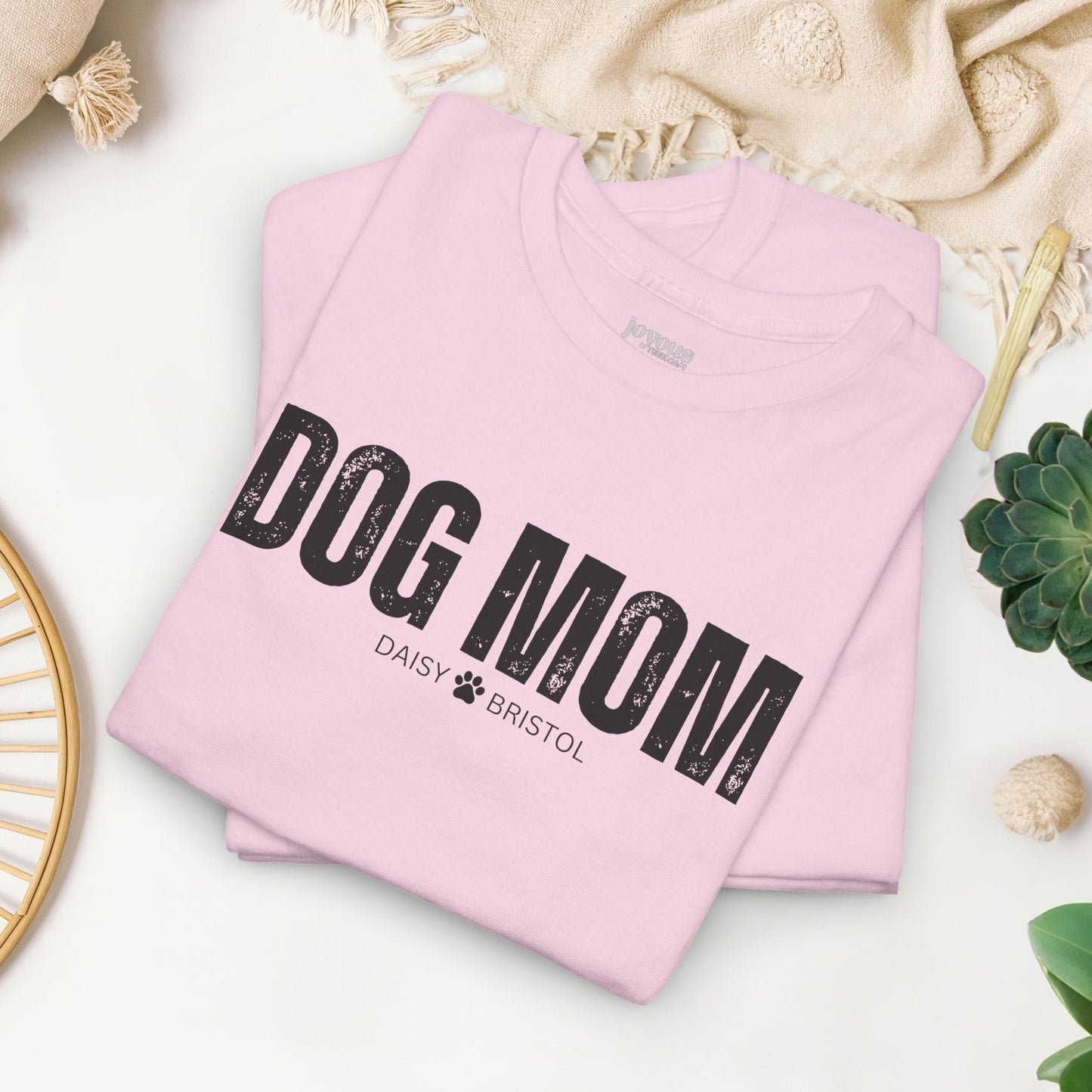 Custom Dog Mom Heavy Cotton Tee with Dogs Name - Personalized Dog Lover Gift
