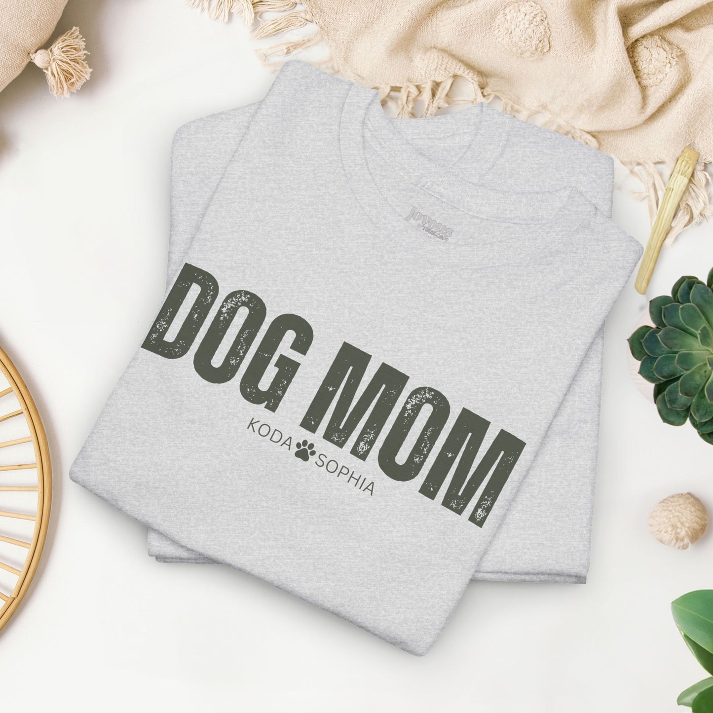 Custom Dog Mom Heavy Cotton Tee with Dogs Name - Personalized Dog Lover Gift
