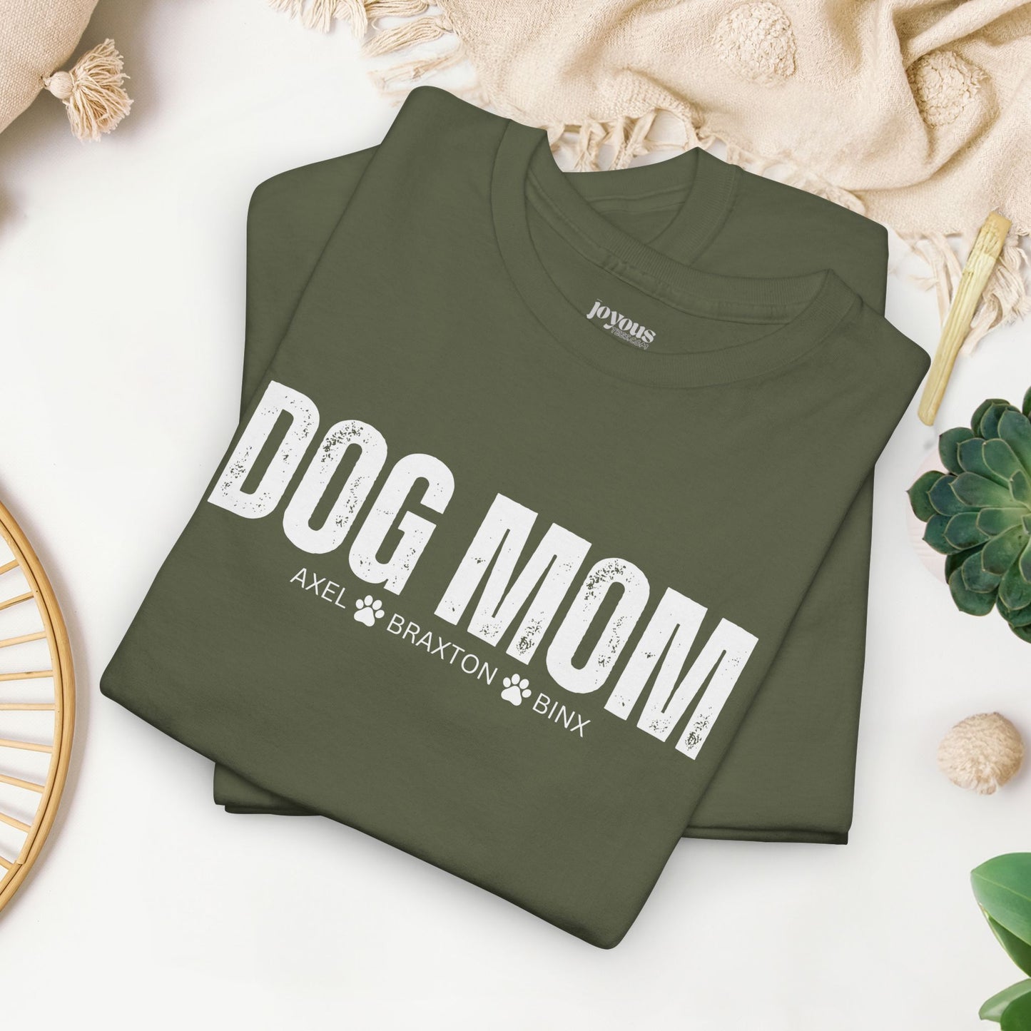 Custom Dog Mom Heavy Cotton Tee with Dogs Name - Personalized Dog Lover Gift