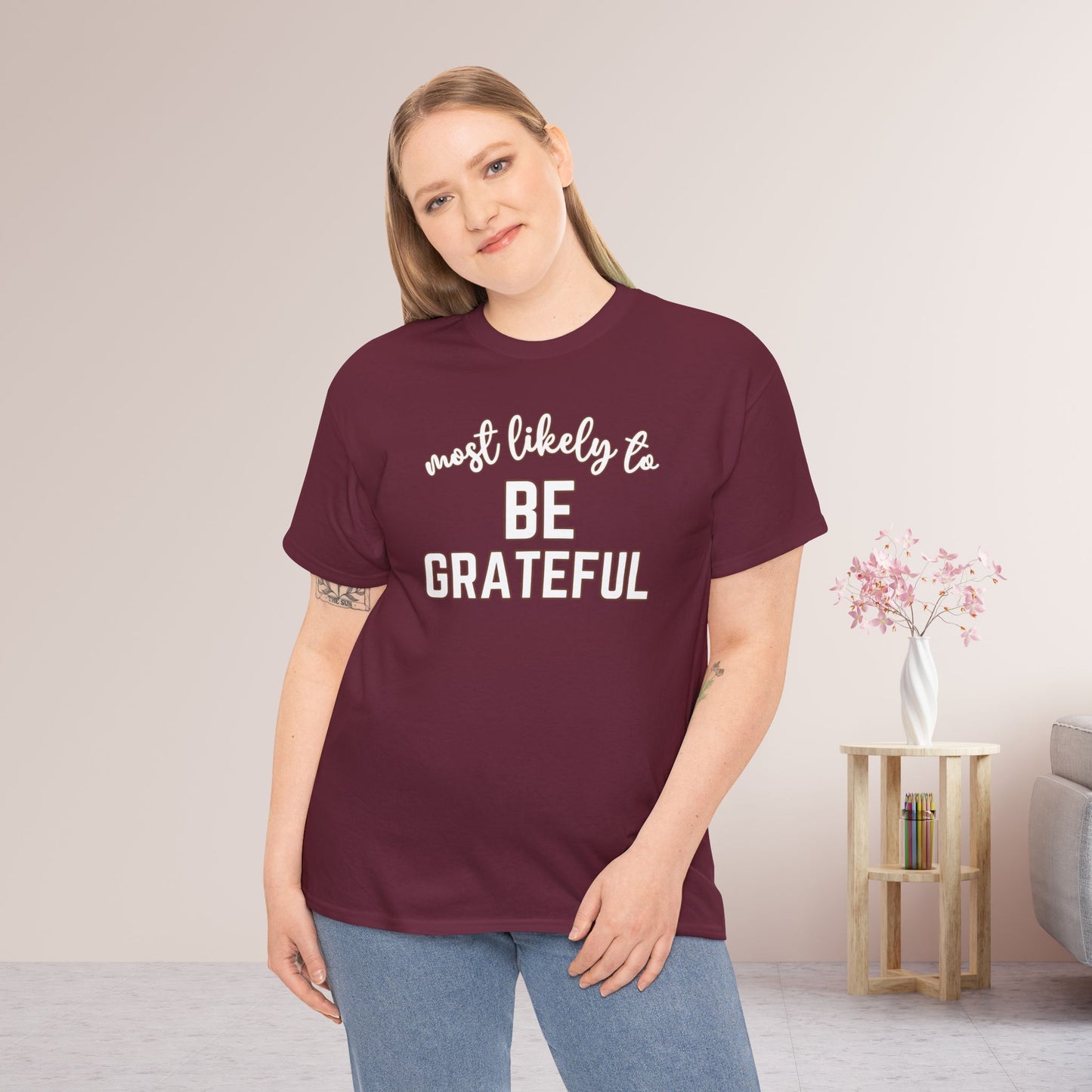 Funny Thanksgiving Shirt - Most Likely to Be Grateful Heavy Cotton Tee