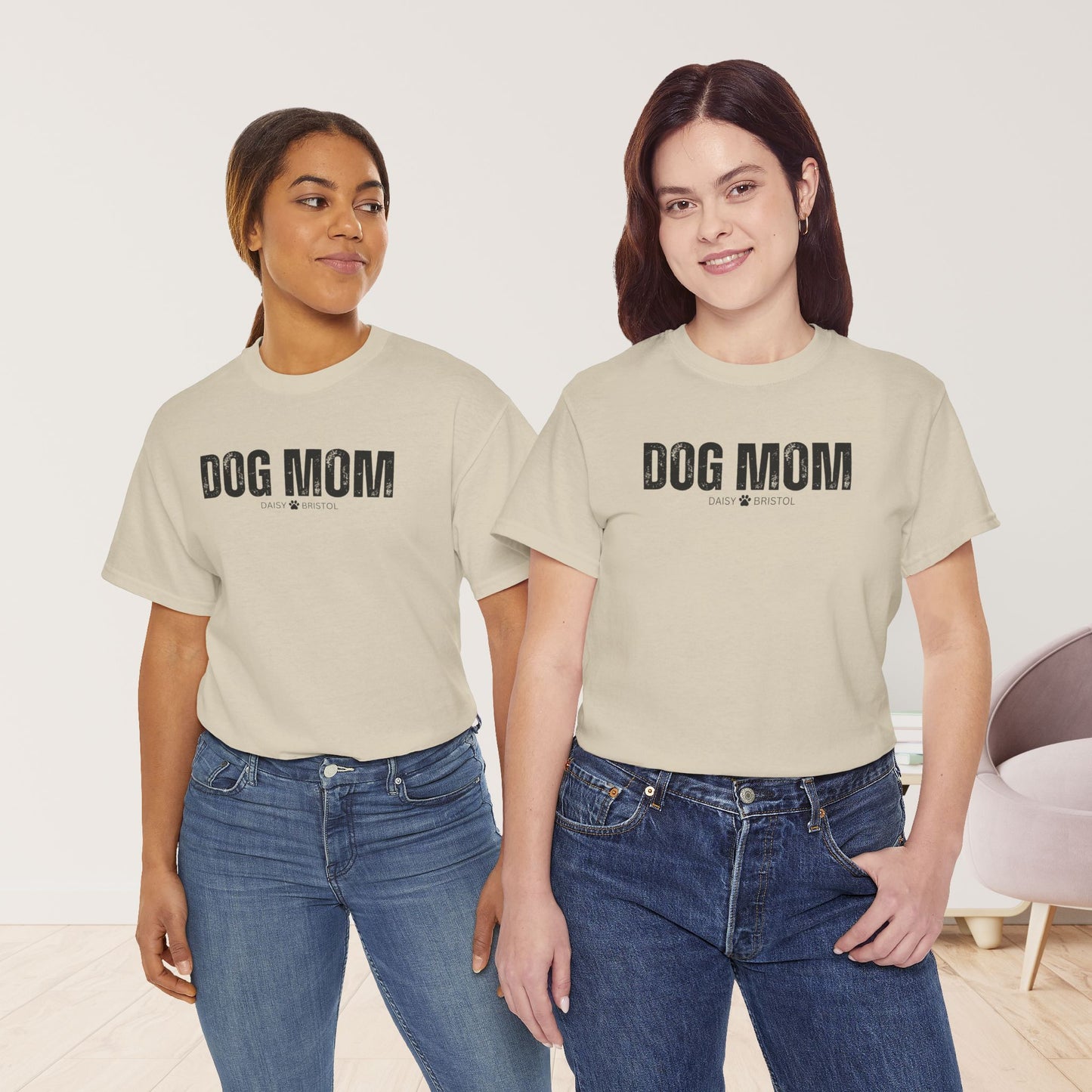 Custom Dog Mom Heavy Cotton Tee with Dogs Name - Personalized Dog Lover Gift