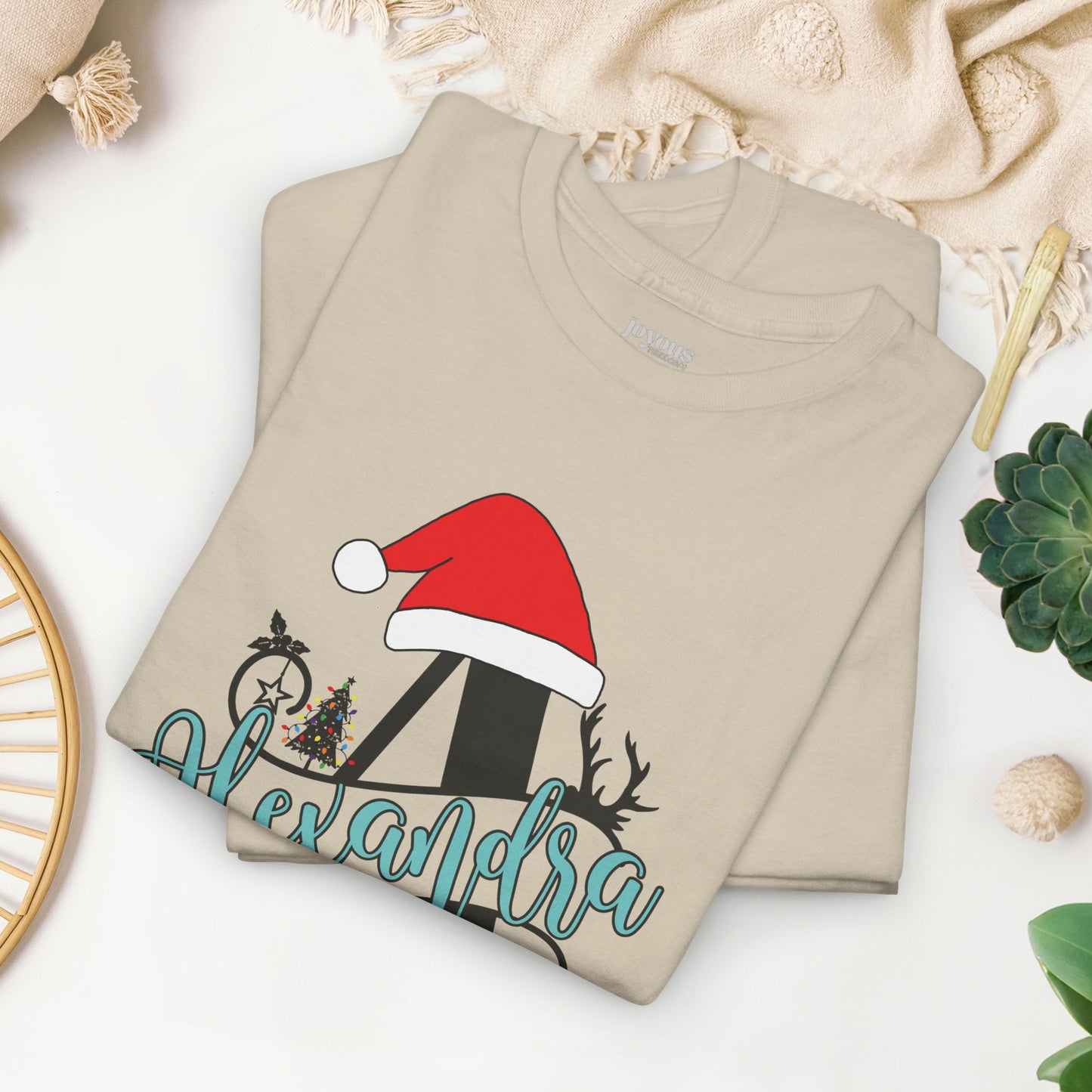 Personalized Christmas Monogram Heavy Cotton Tee with First Name - Custom Christmas Gifts