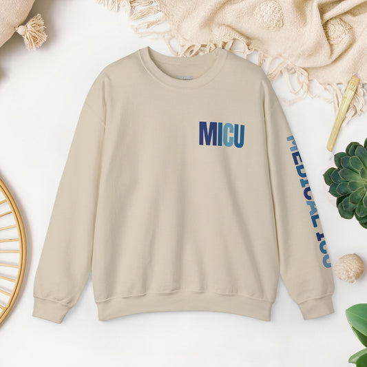 Trendy Blue MICU Sweatshirt with Sleeve Print - Medical ICU Crewneck