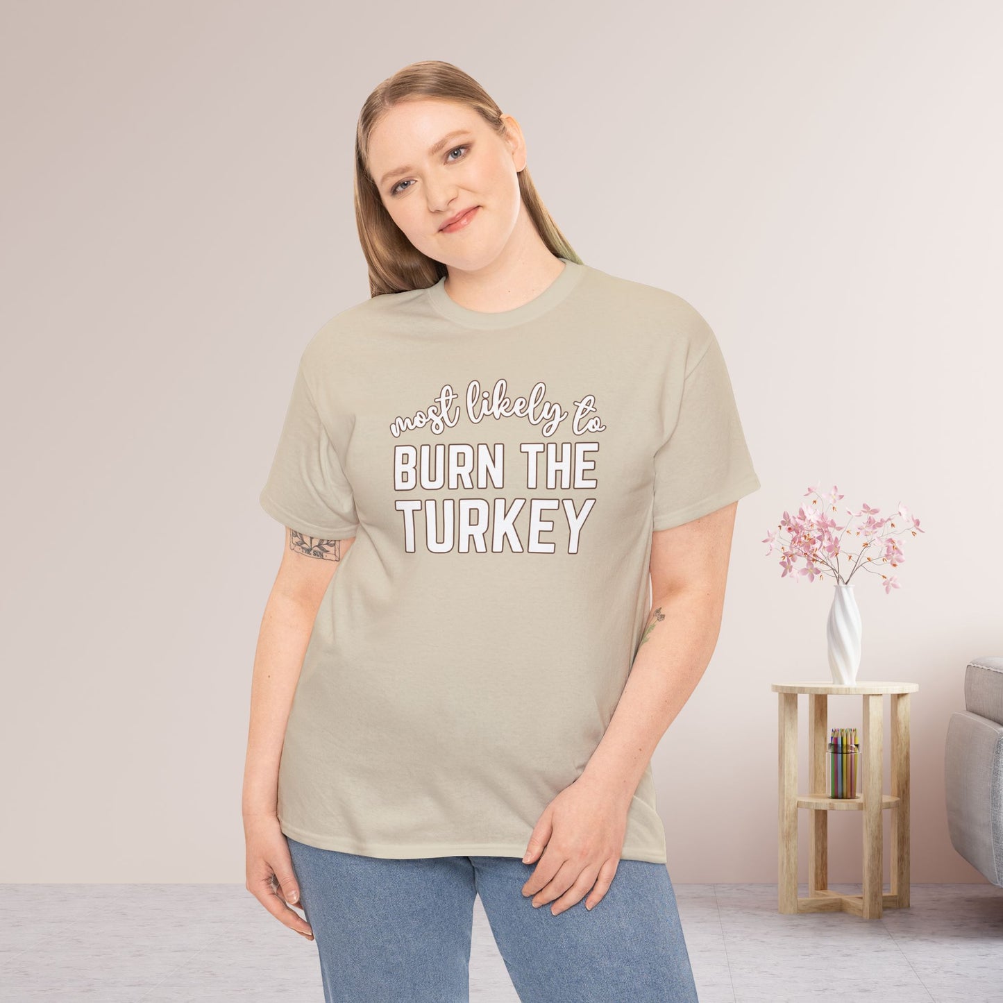 Funny Thanksgiving Shirt - Most likely to Burn the Turkey Heavy Cotton Tee