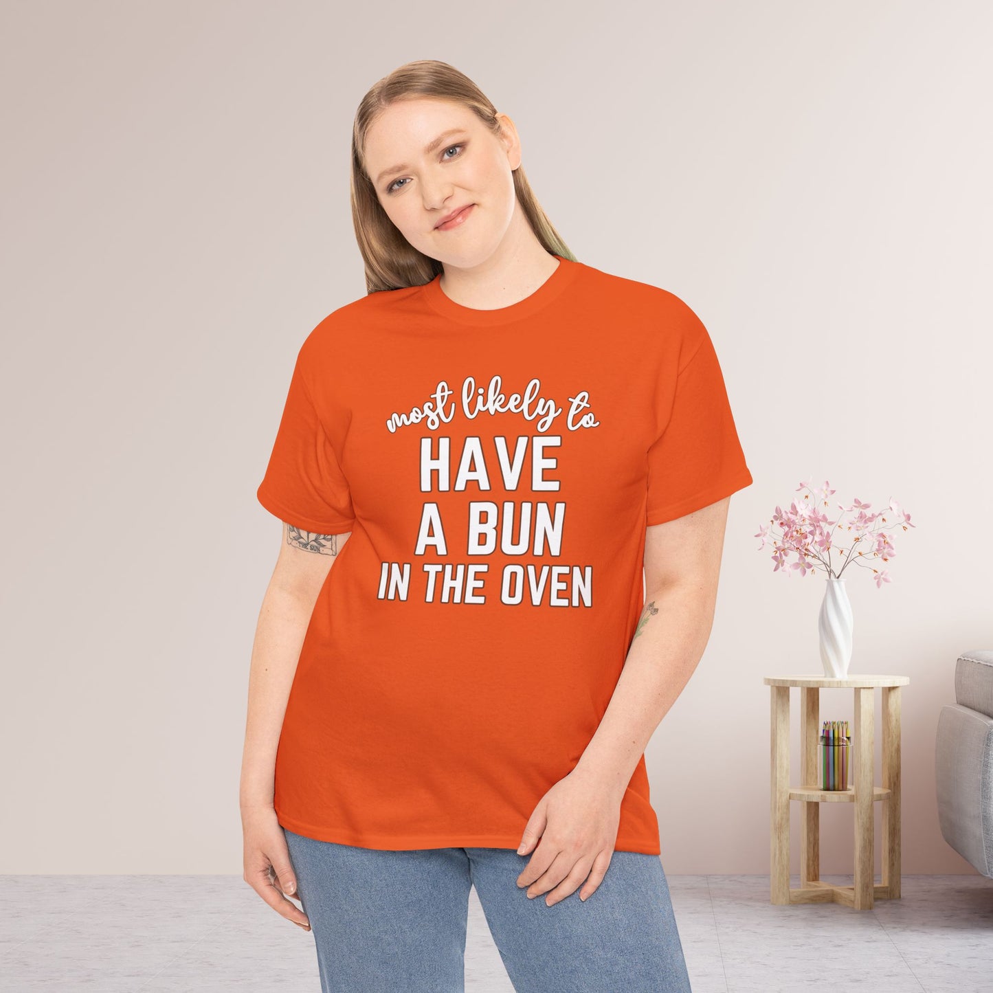 Funny Thanksgiving Shirt - Most likely to Have a Bun in The Oven Heavy Cotton Tee