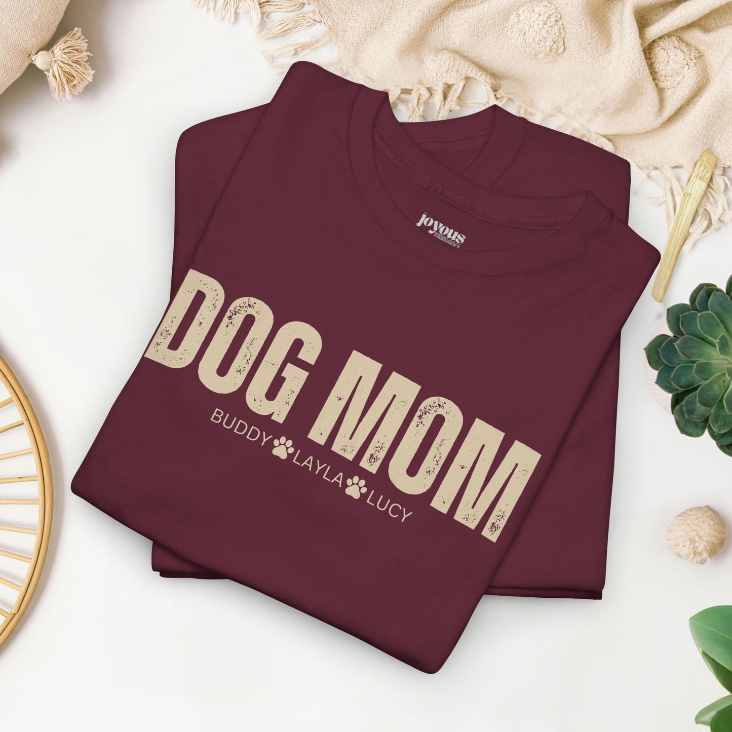 Custom Dog Mom Heavy Cotton Tee with Dogs Name - Personalized Dog Lover Gift
