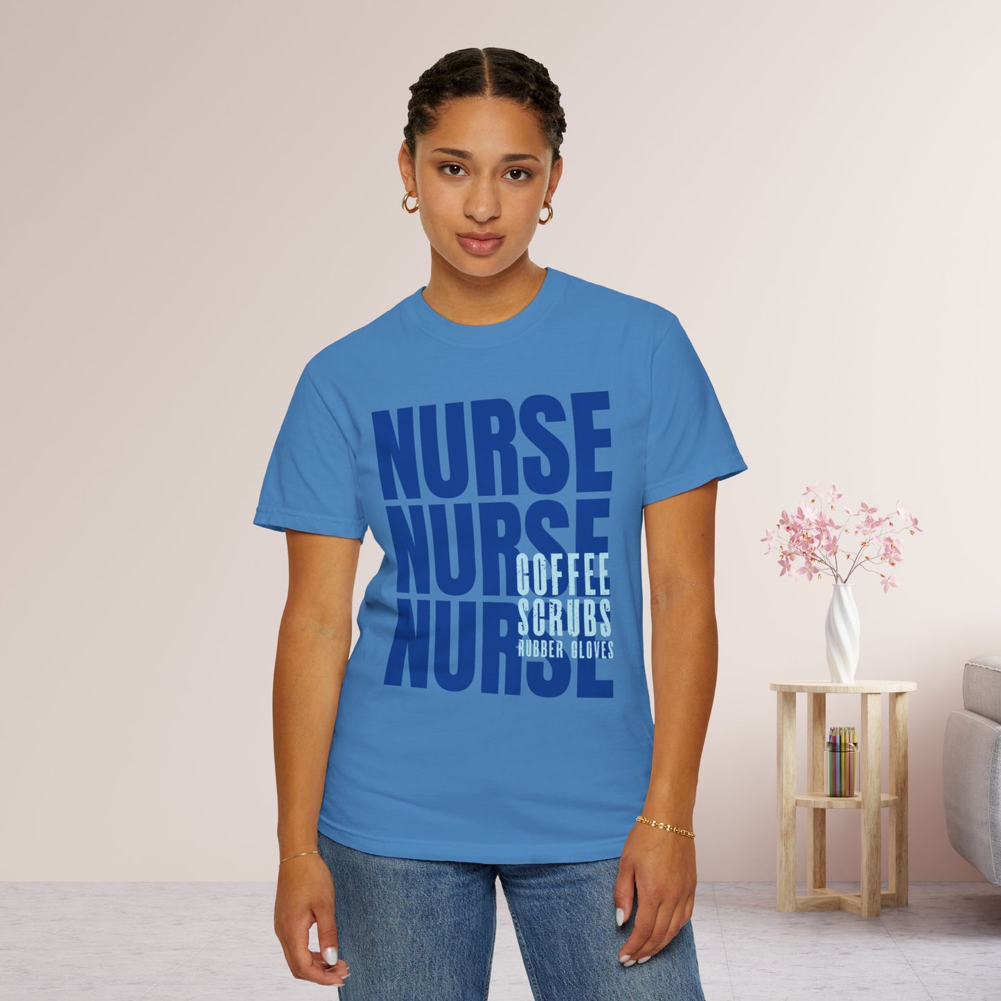 Blue Comfort Colors Nurse Shirt - Coffee Scrubs Rubber Gloves Shirt