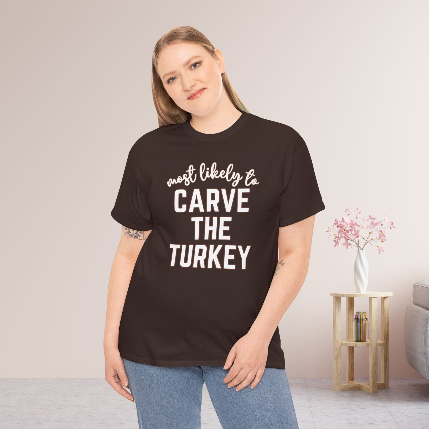 Funny Thanksgiving Shirt - Most Likely To Carve the Turkey Heavy Cotton Tee