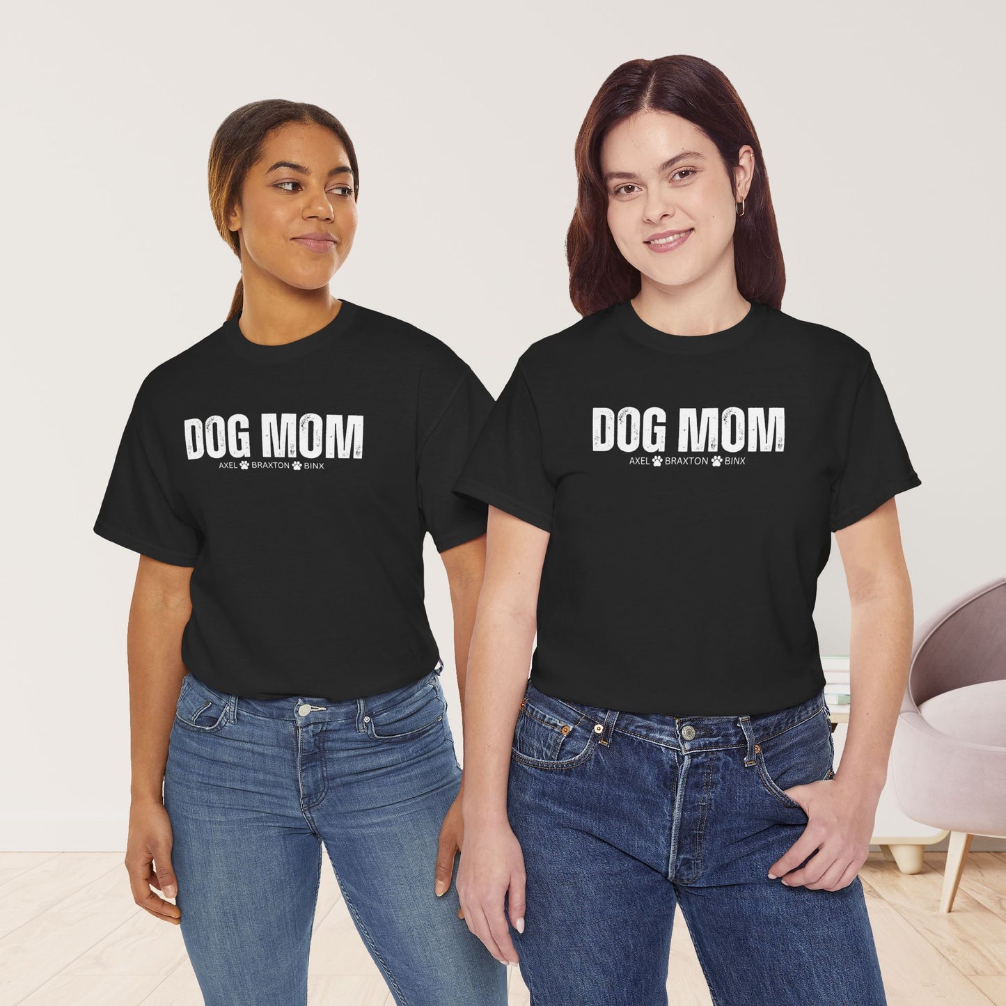 Custom Dog Mom Heavy Cotton Tee with Dogs Name - Personalized Dog Lover Gift