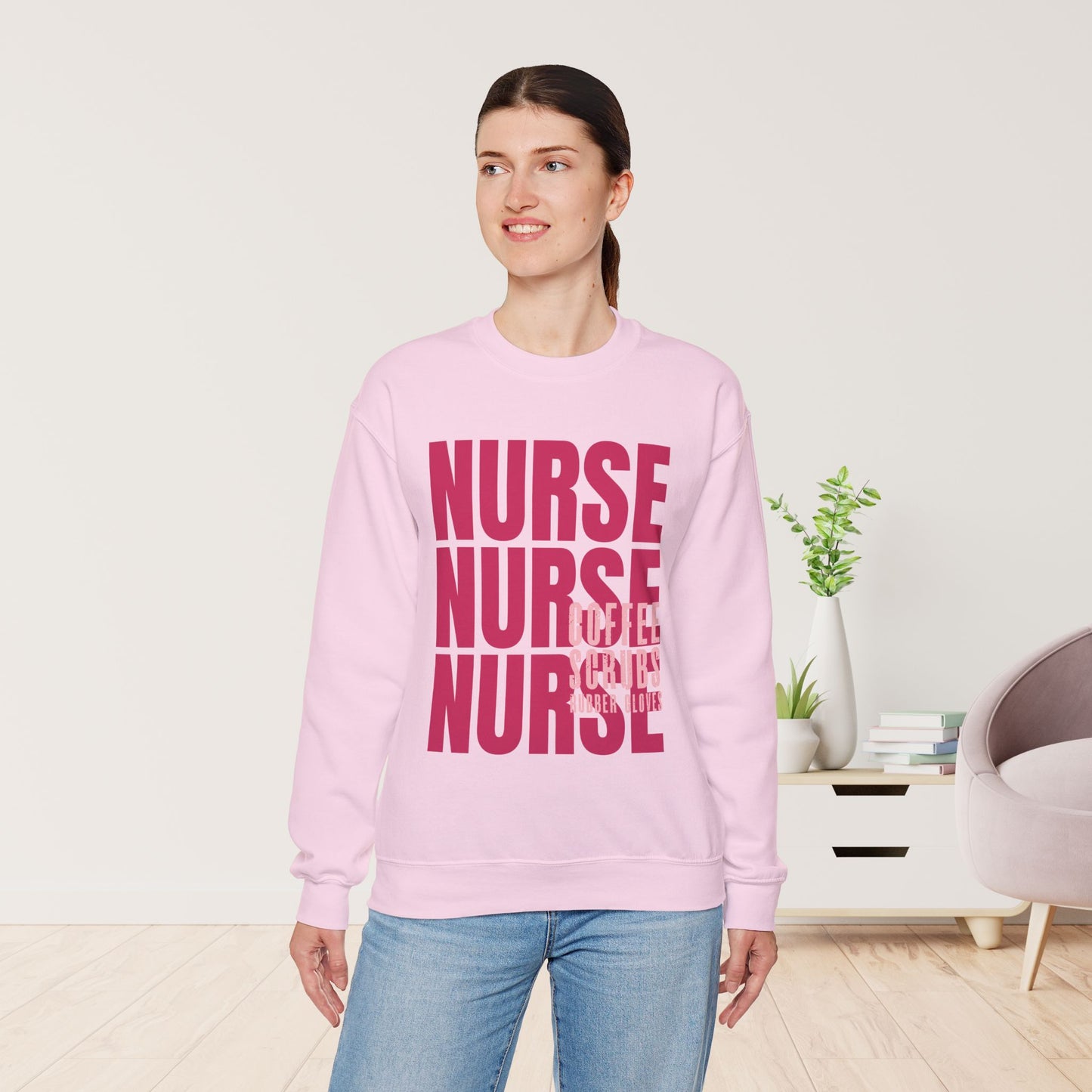 Pink Nurse Sweatshirt - Coffee Scrubs Rubber Gloves Shirt