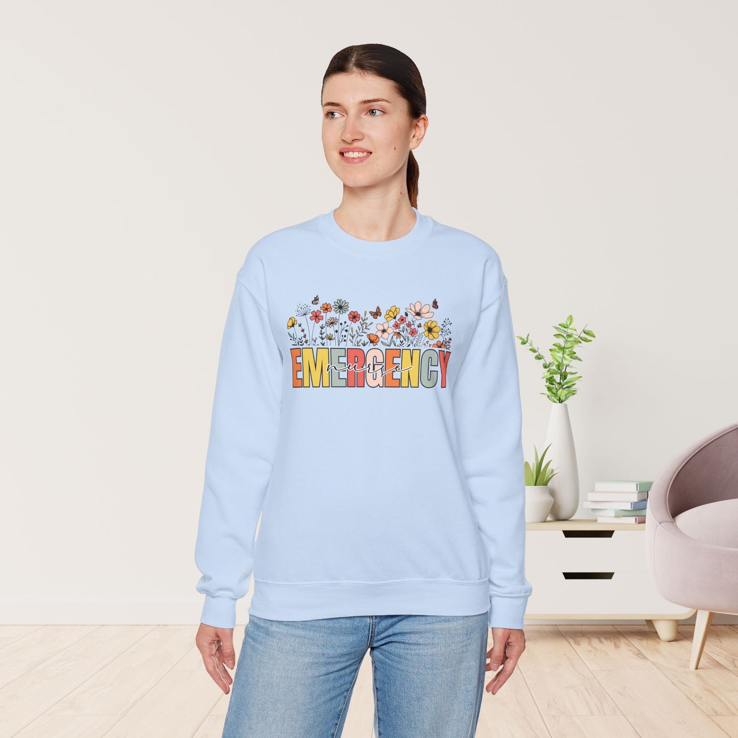 Emergency Nurse Sweatshirt with Spring Flowers for ER Nurse