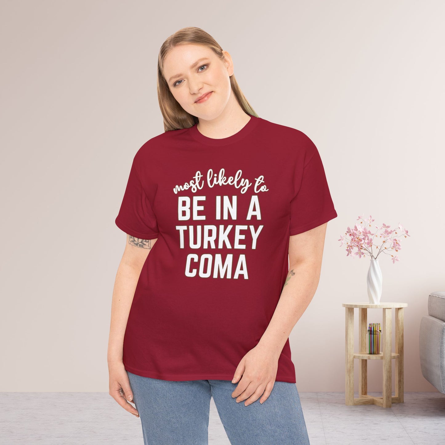 Funny Thanksgiving Shirt - Most Likely to Be in a Turkey Coma Heavy Cotton Tee