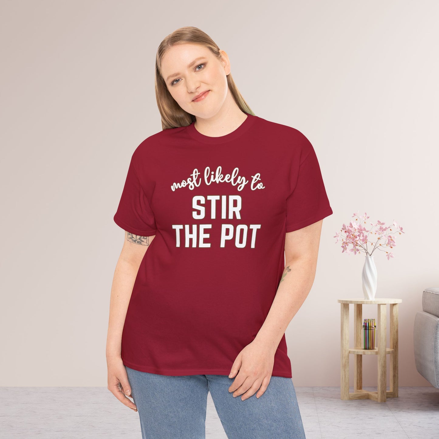 Funny Thanksgiving Shirt - Most likely to Stir the Pot Heavy Cotton Tee