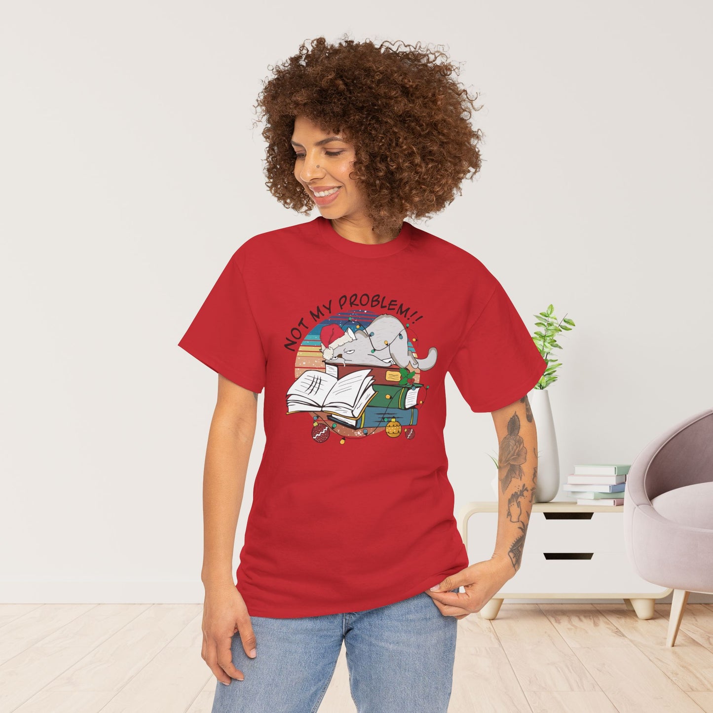 Not My Problem Funny Cat Christmas Heavy Cotton Tee - Cat Lovers Christmas Gift