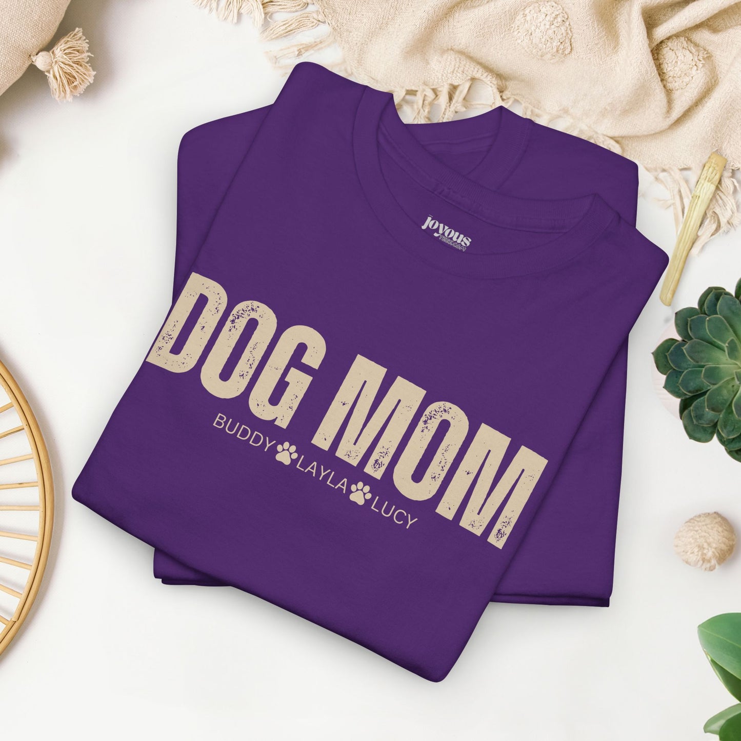 Custom Dog Mom Heavy Cotton Tee with Dogs Name - Personalized Dog Lover Gift