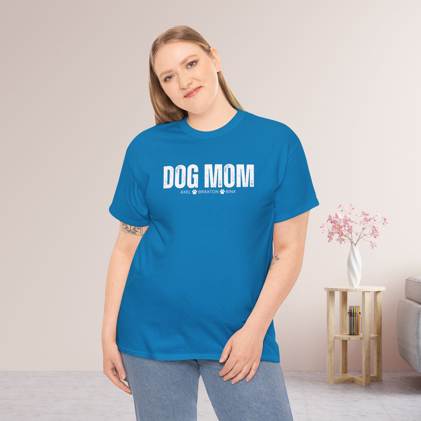 Custom Dog Mom Heavy Cotton Tee with Dogs Name - Personalized Dog Lover Gift