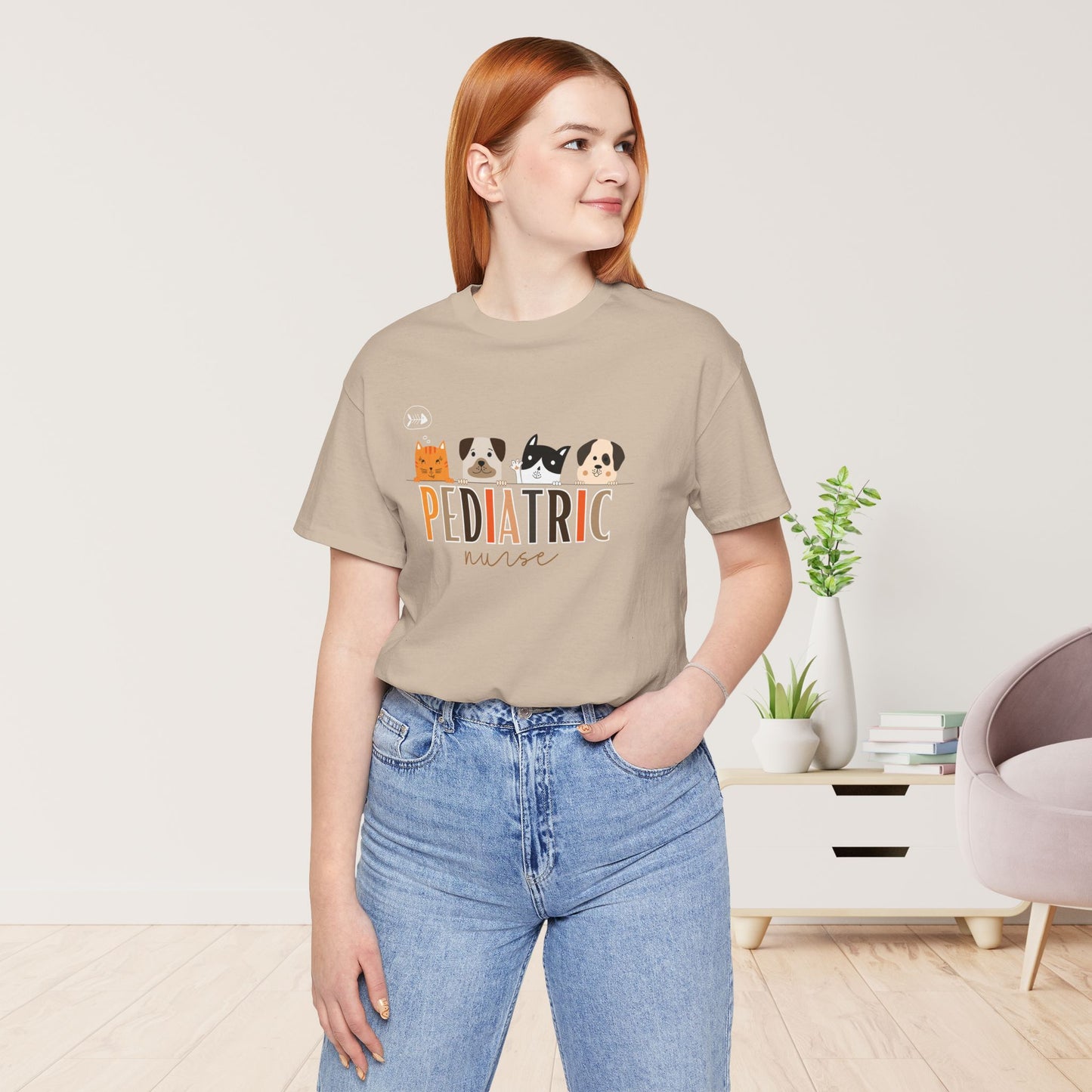 Cute Pediatric Nurse Soft Cotton Tee with Dogs and Cats for PEDS Nurse