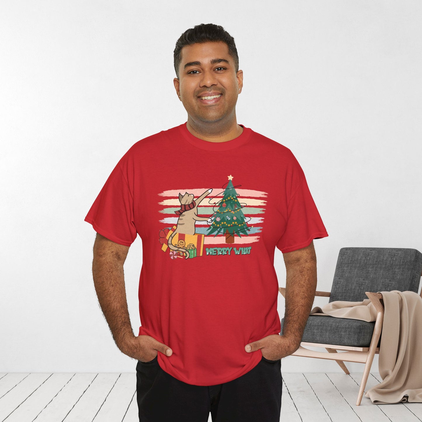 Merry What Funny Cat Christmas Heavy Cotton Tee - Cat Lovers Christmas Gift