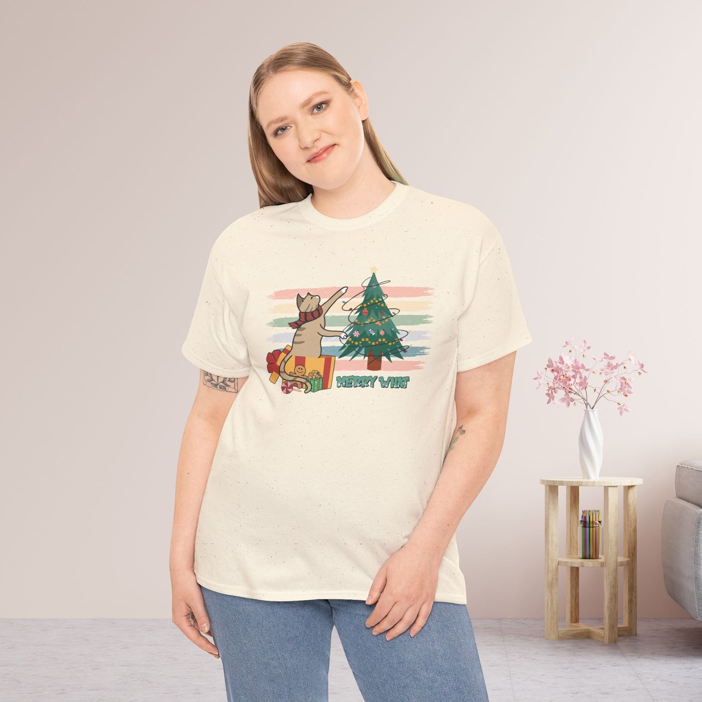 Merry What Funny Cat Christmas Heavy Cotton Tee - Cat Lovers Christmas Gift