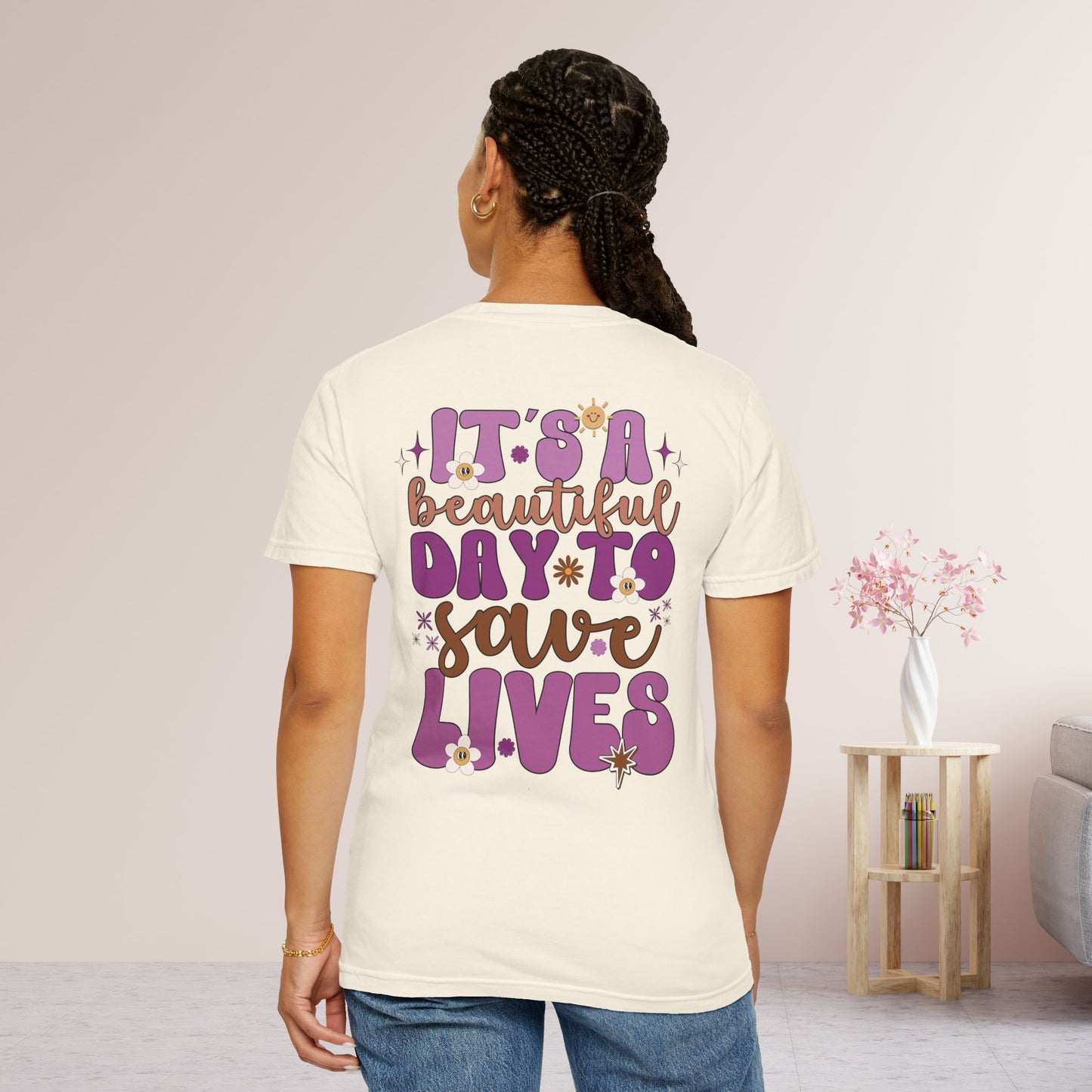 Comfort Colors Purple Groovy Nurse Shirt - It's a Beautiful Day to Save Lives Tee