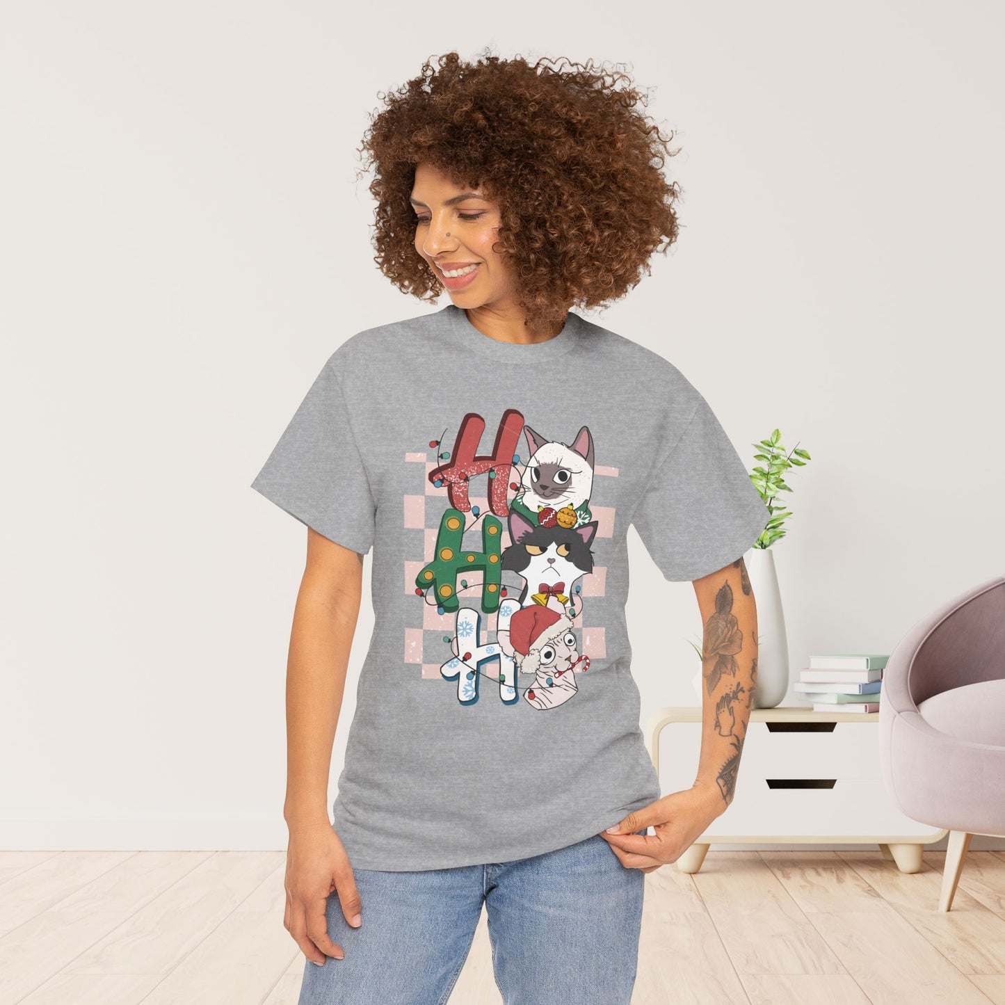 Ho Ho Ho Funny Cat Christmas Heavy Cotton Tee - Cat Lovers Christmas Gift