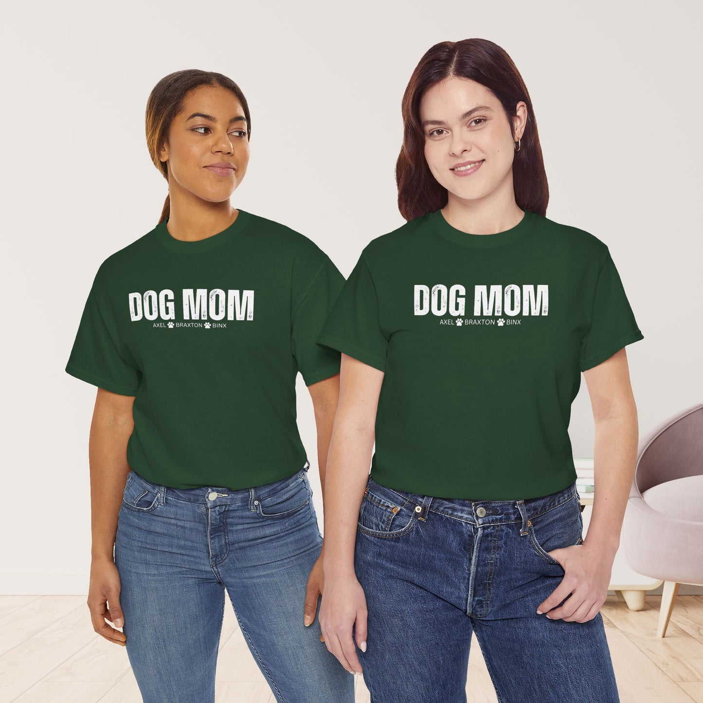 Custom Dog Mom Heavy Cotton Tee with Dogs Name - Personalized Dog Lover Gift