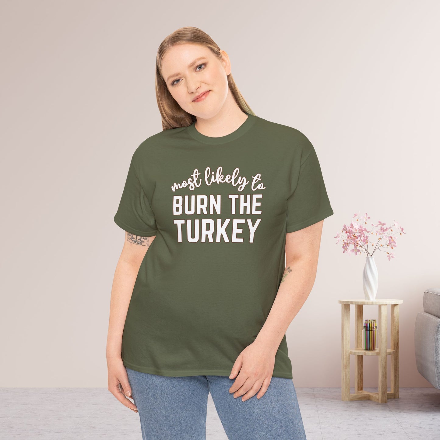 Funny Thanksgiving Shirt - Most likely to Burn the Turkey Heavy Cotton Tee