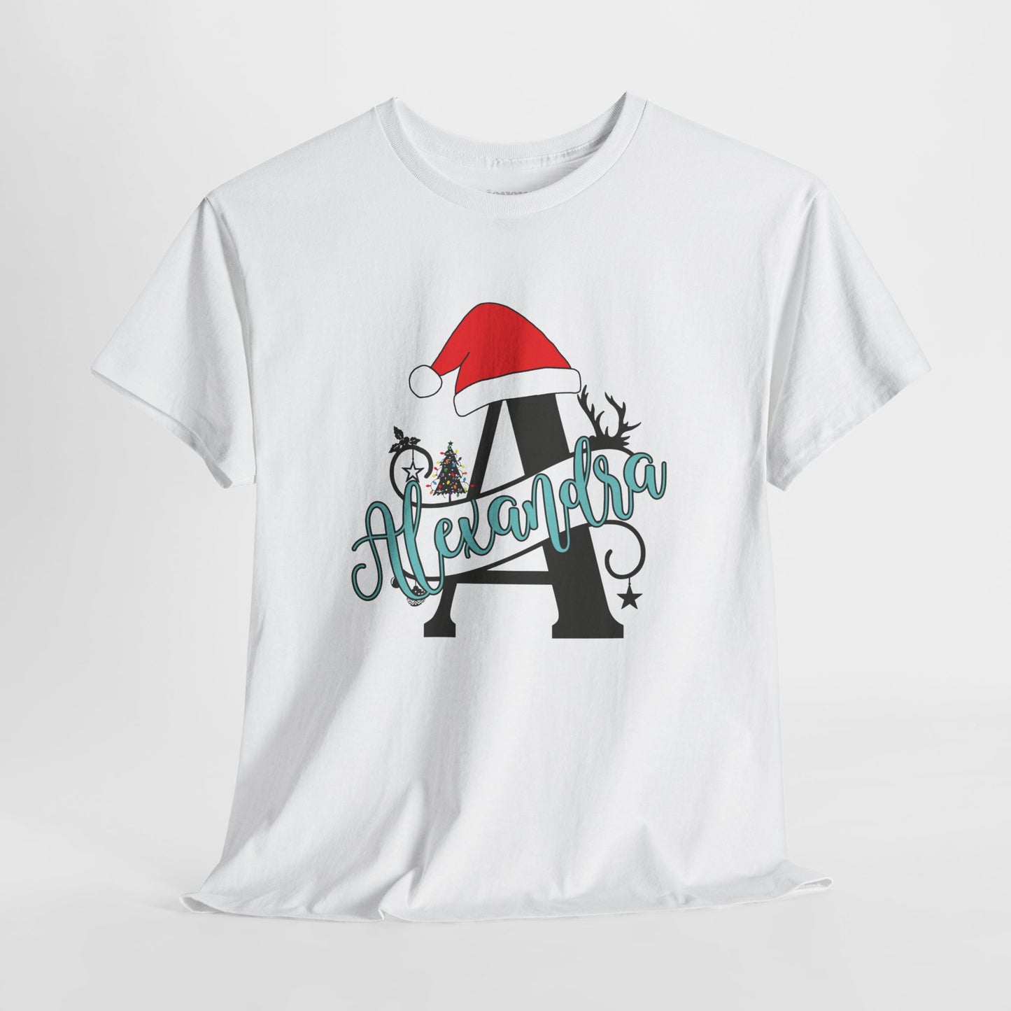 Personalized Christmas Monogram Heavy Cotton Tee with First Name - Custom Christmas Gifts