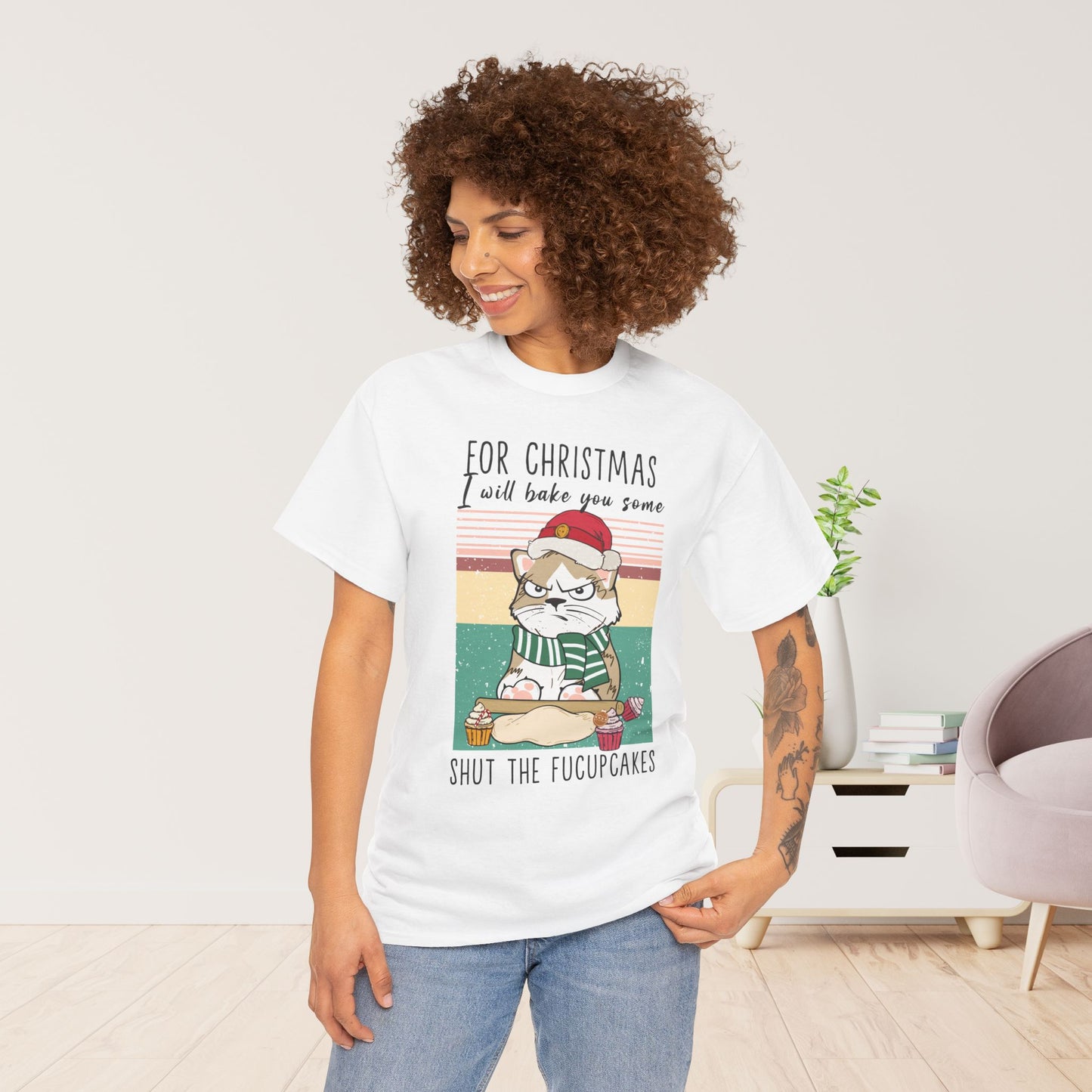 For Christmas I Will Bake You Some Shut The Fucupcakes Funny Cat Christmas Heavy Cotton Tee - Cat Lovers Christmas Gift