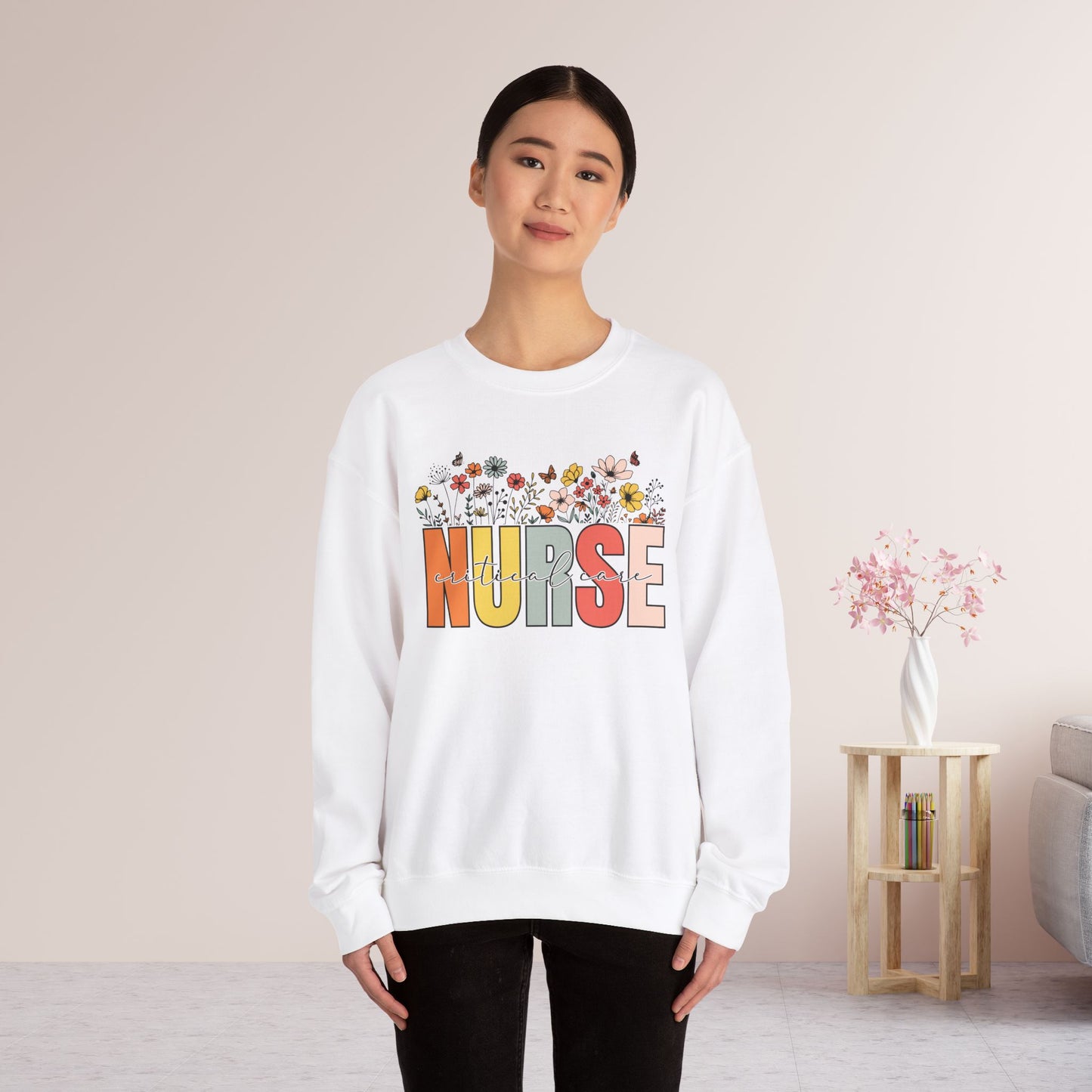 Critical Care Nurse Sweatshirt with Spring Flowers for CCN Nurse