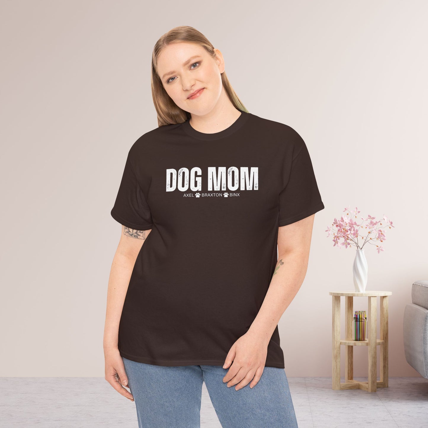 Custom Dog Mom Heavy Cotton Tee with Dogs Name - Personalized Dog Lover Gift