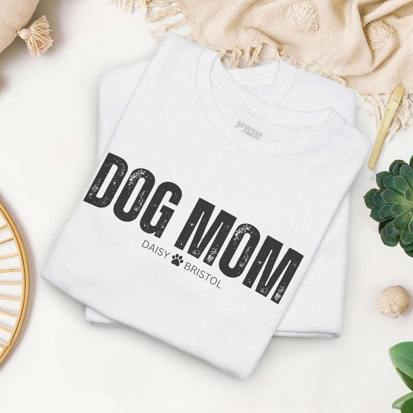 Custom Dog Mom Heavy Cotton Tee with Dogs Name - Personalized Dog Lover Gift