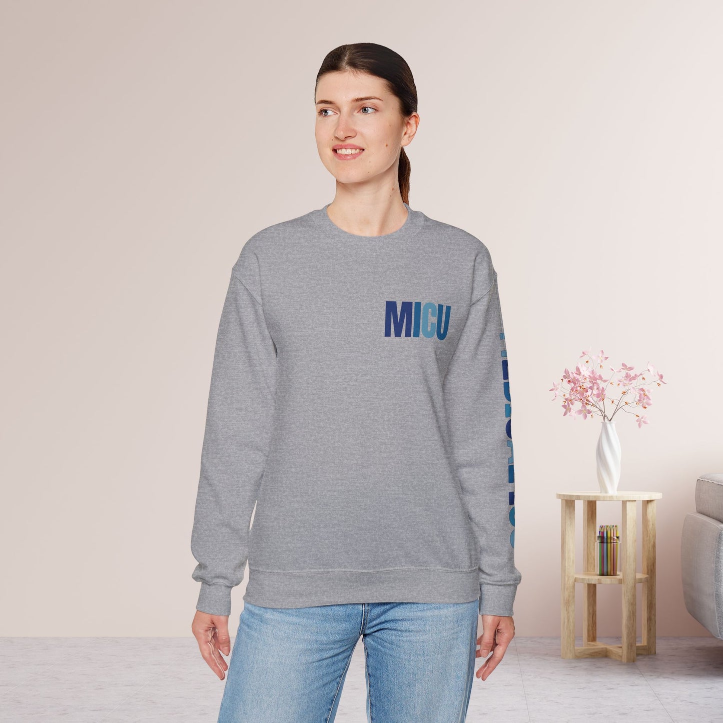 Trendy Blue MICU Sweatshirt with Sleeve Print - Medical ICU Crewneck