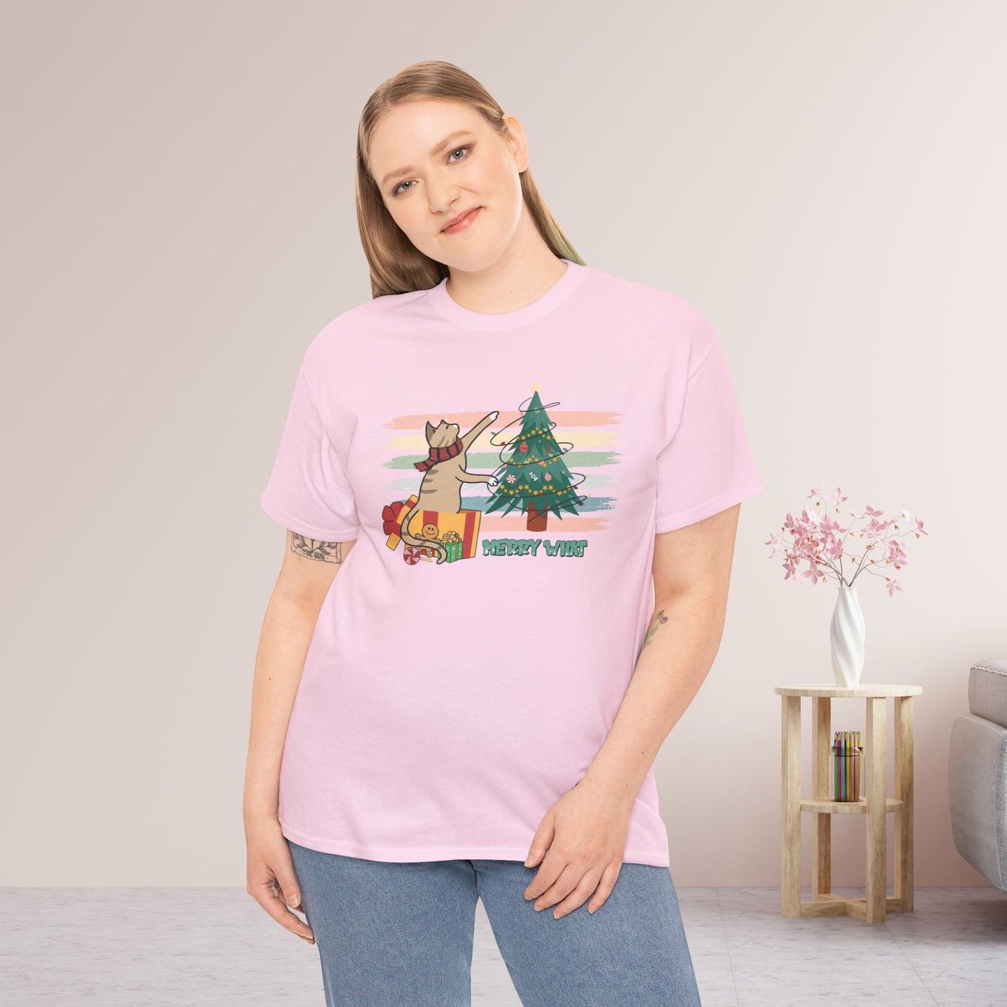 Merry What Funny Cat Christmas Heavy Cotton Tee - Cat Lovers Christmas Gift