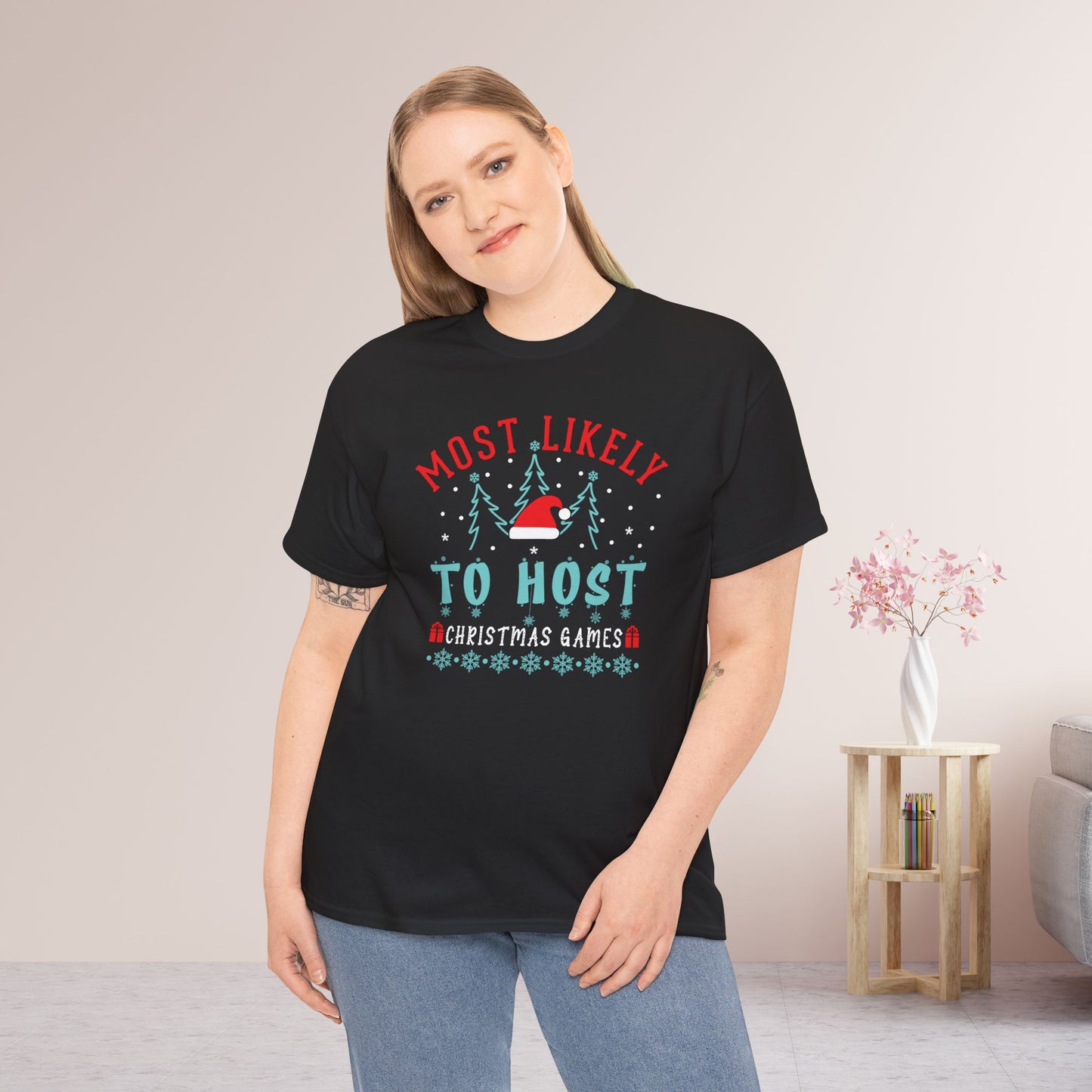 Most Likely To Host Christmas Games Funny Christmas Shirt - Matching Family Christmas Heavy Cotton Tee