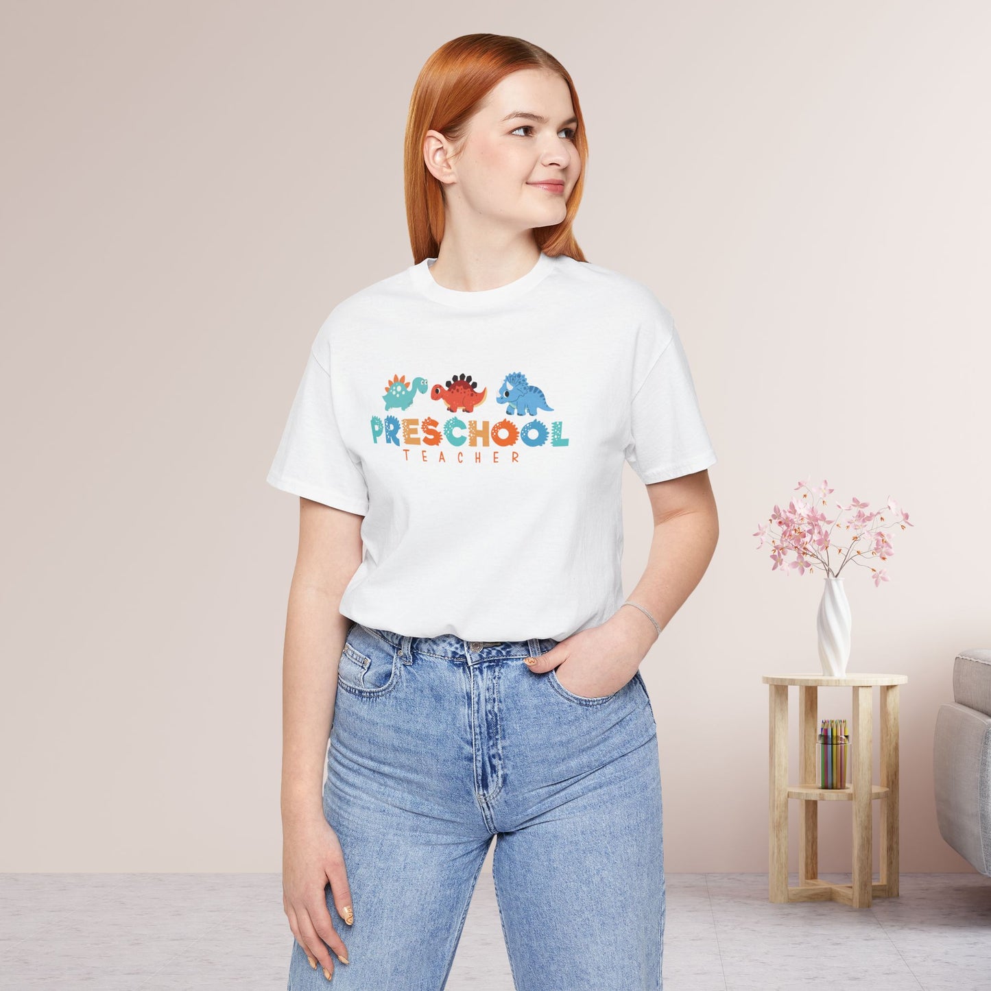 Preschool Teacher Soft Cotton Tee with Dinosaurs