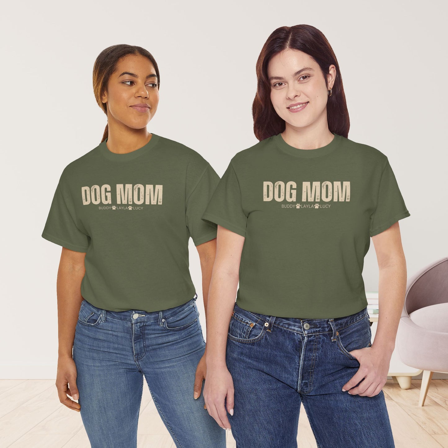 Custom Dog Mom Heavy Cotton Tee with Dogs Name - Personalized Dog Lover Gift