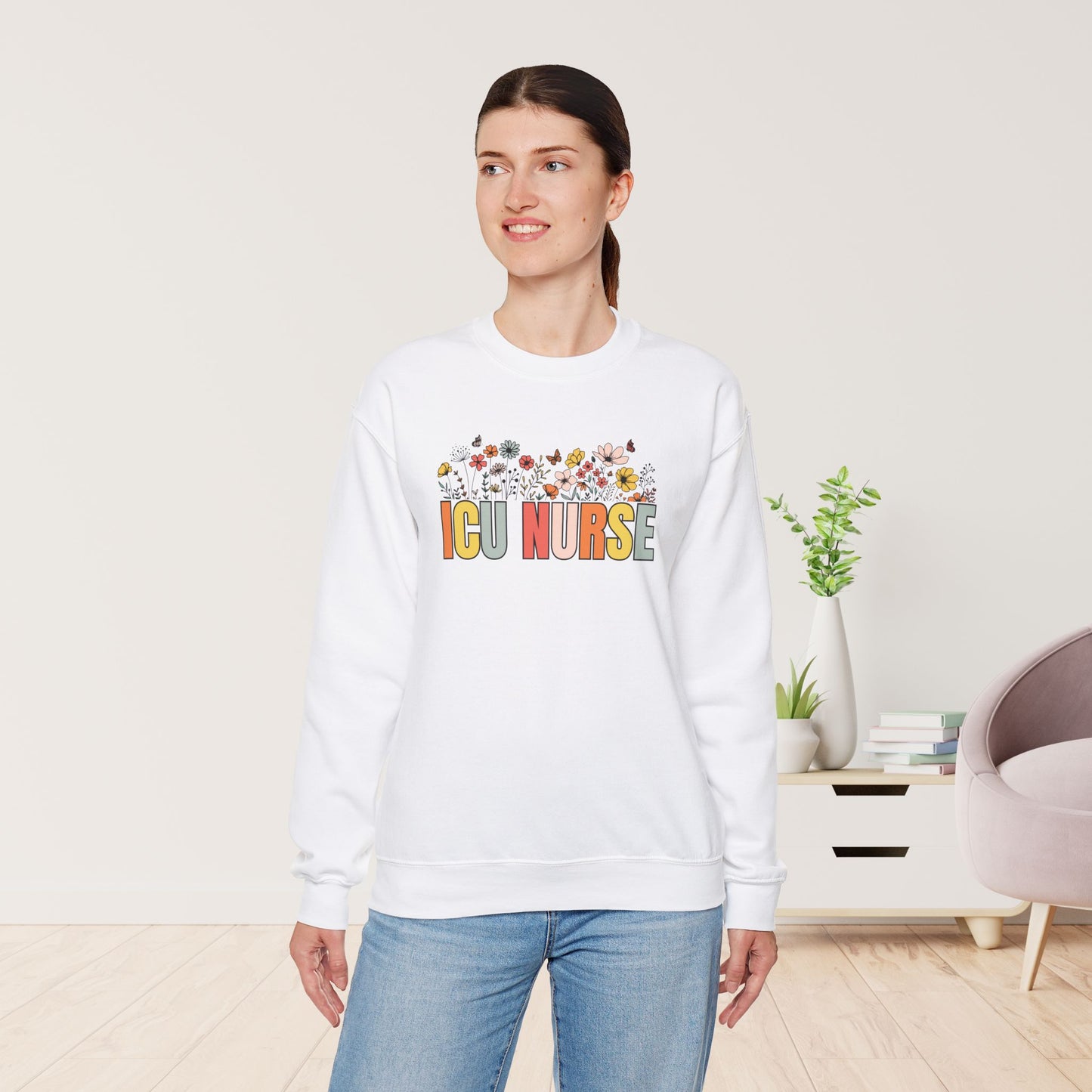 Spring ICU Nurse Sweatshirt with Flowers for Intensive Care Nurse