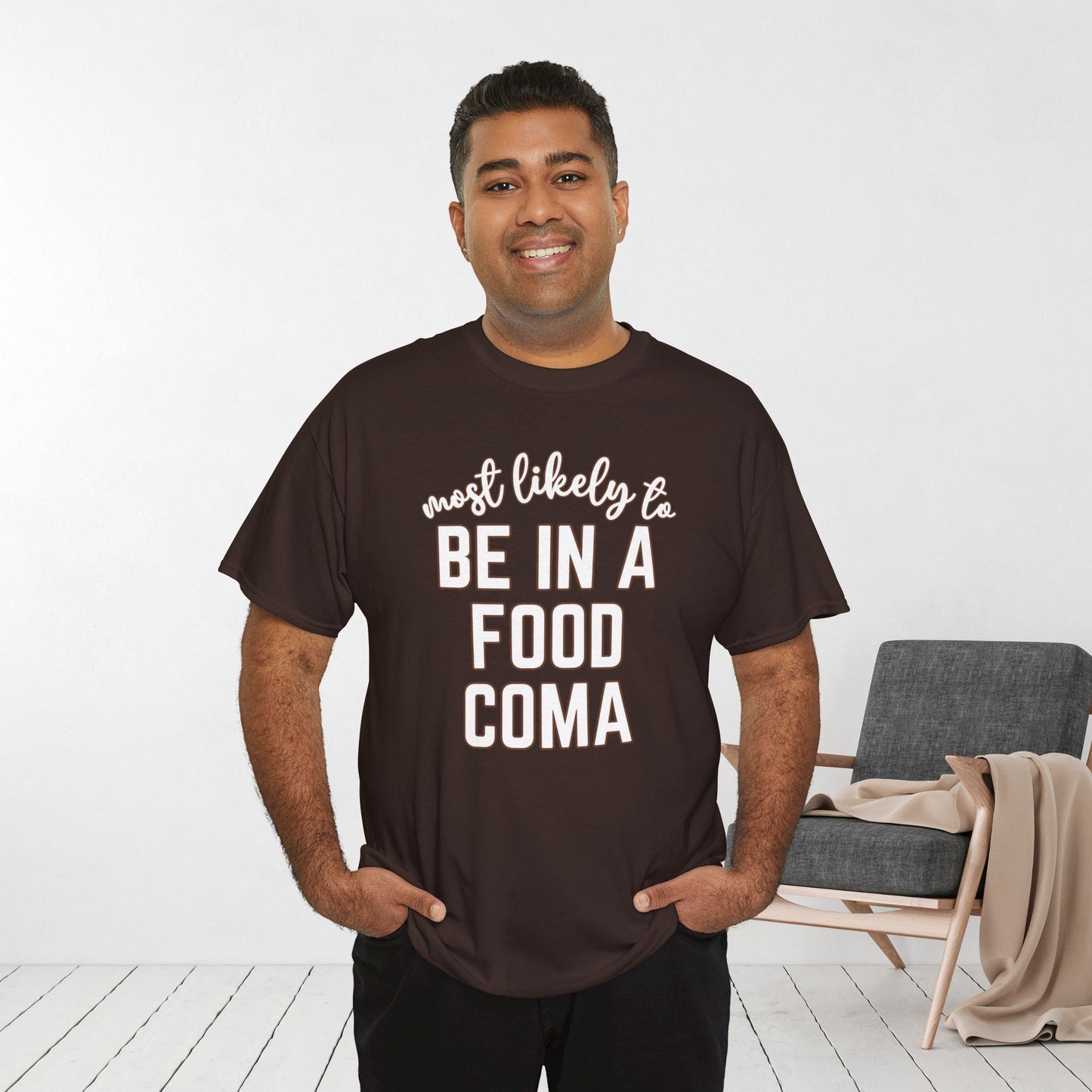 Funny Thanksgiving T-shirt - Most Likely to Be in a Food Coma Heavy Cotton Tee