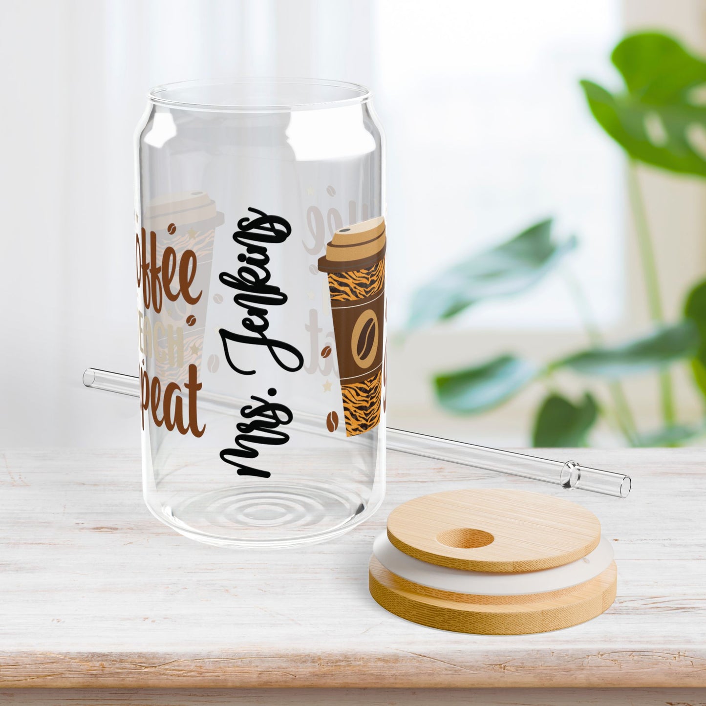 Coffee Teach Repeat Personalized Teacher Sipper Glass - Custom Teacher Gifts