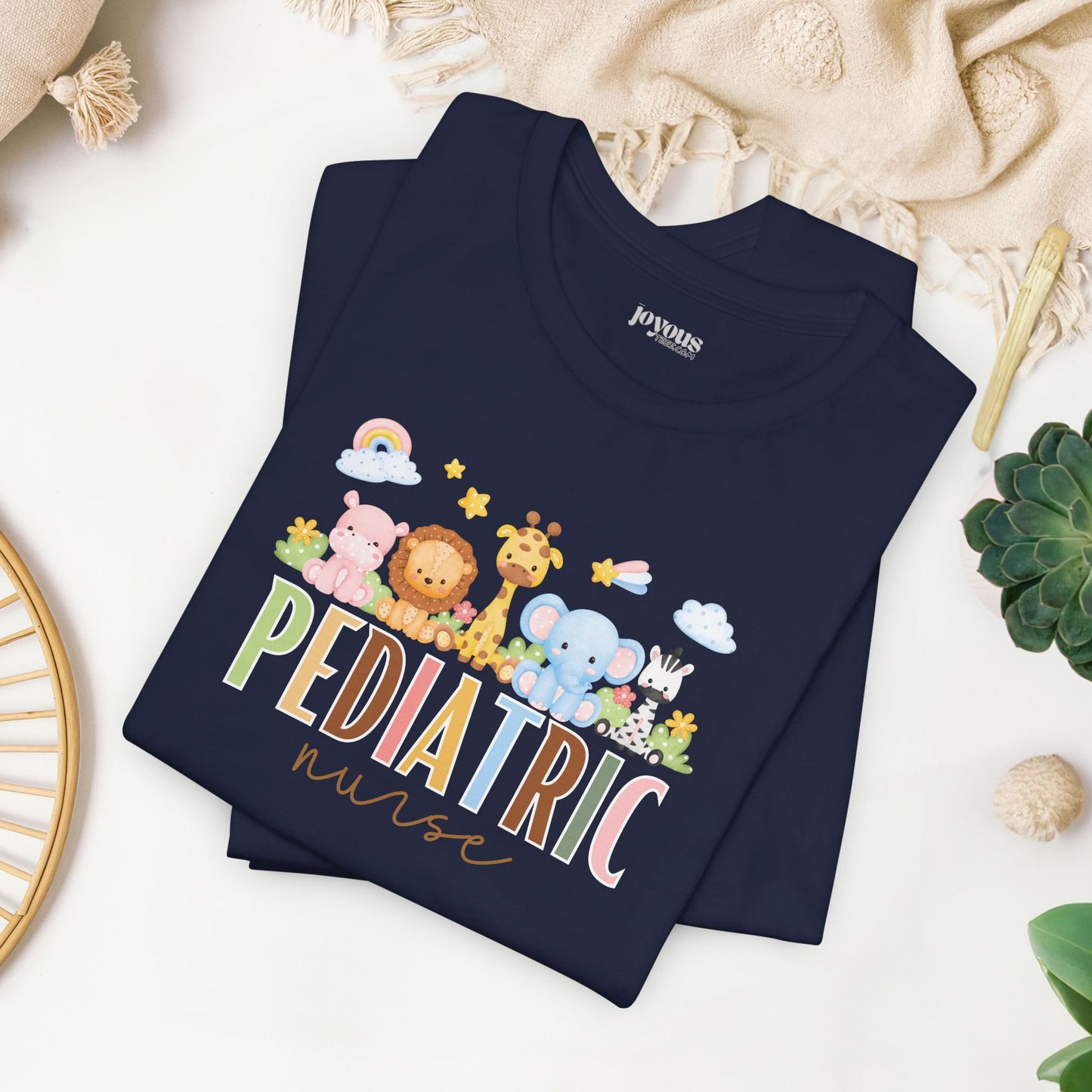 Cute Pediatric Nurse Soft Cotton Tee with Safari Animals for PEDS Nurse