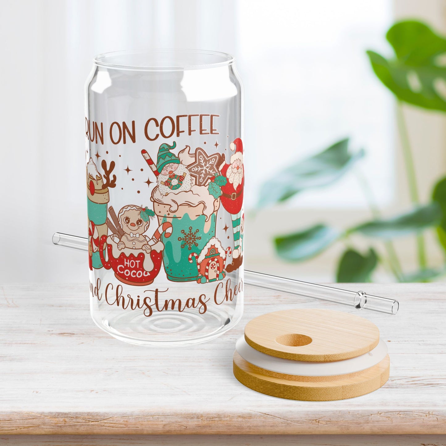 I Run On Coffee And Christmas Cheer Retro Christmas Sipper Glass - Best Christmas Gift