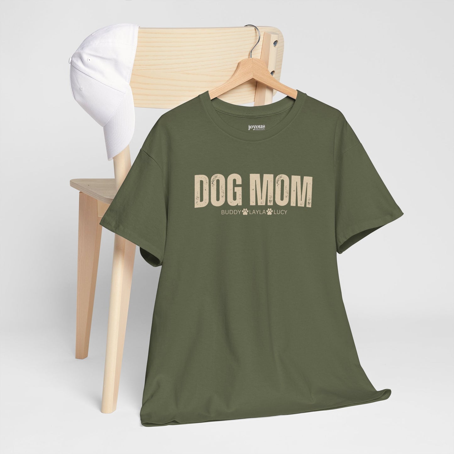 Custom Dog Mom Heavy Cotton Tee with Dogs Name - Personalized Dog Lover Gift